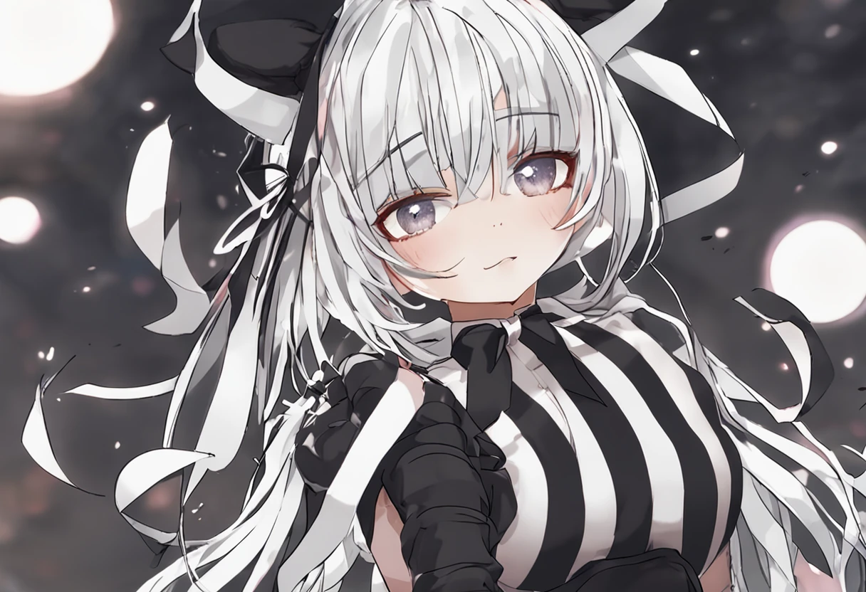 Black hair, Striped hair, High ponytail, white hair ribbon, Moles under eyes, Shy, black lence stockings, pantiess, Anime style, R18, hyper HD