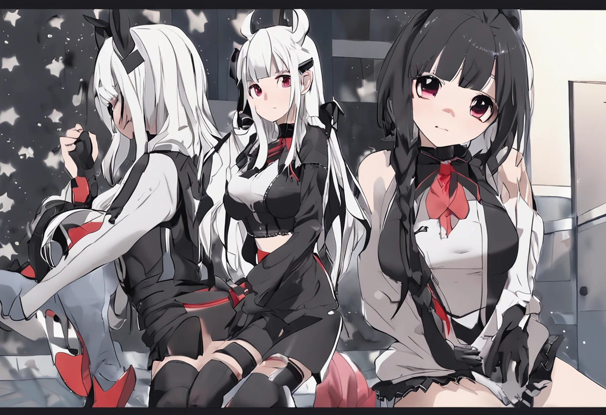 Black hair, Striped hair, High ponytail, white hair ribbon, Moles under eyes, Shy, black lence stockings, pantiess, Anime style, R18, hyper HD