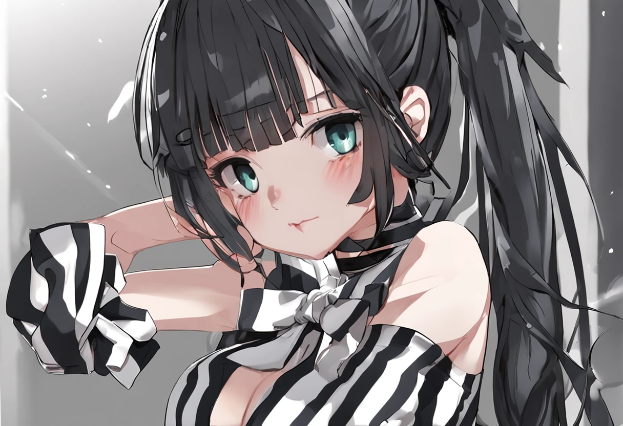 Black hair, Striped hair, High ponytail, white hair ribbon, Moles under eyes, Shy, black lence stockings, pantiess, Anime style, R18, hyper HD