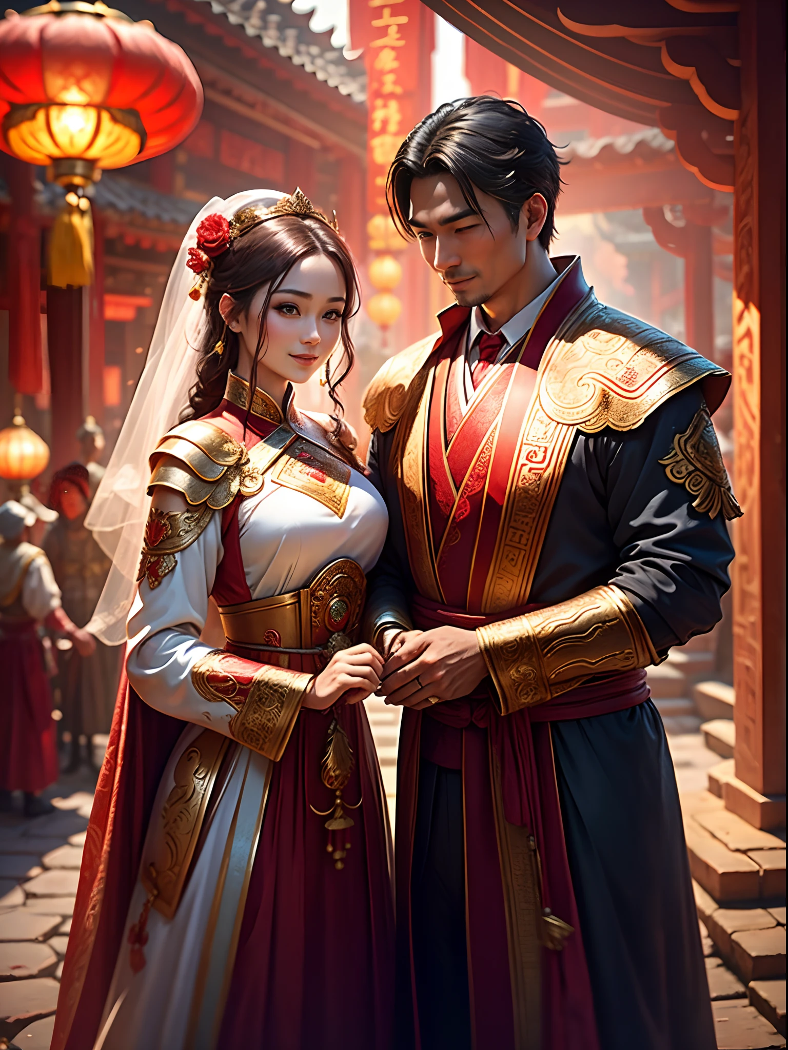 (Best quality: 1.1), (Realistic: 1.1), (Wedding: 1.1), (highly details: 1.1), 1 man and 1 woman are married,Stand in front of a Chinese-style building, closeup of face,Clear facial features,Happy smile, Look at each other affectionately,Hold hands with each other,A man dresses in ancient costumes in red and gold,A woman wears a red-gold ancient long dress,with a crown on her head, cowboy lens,Chinese courtyard in the background,Red lanterns,Super clear,8K