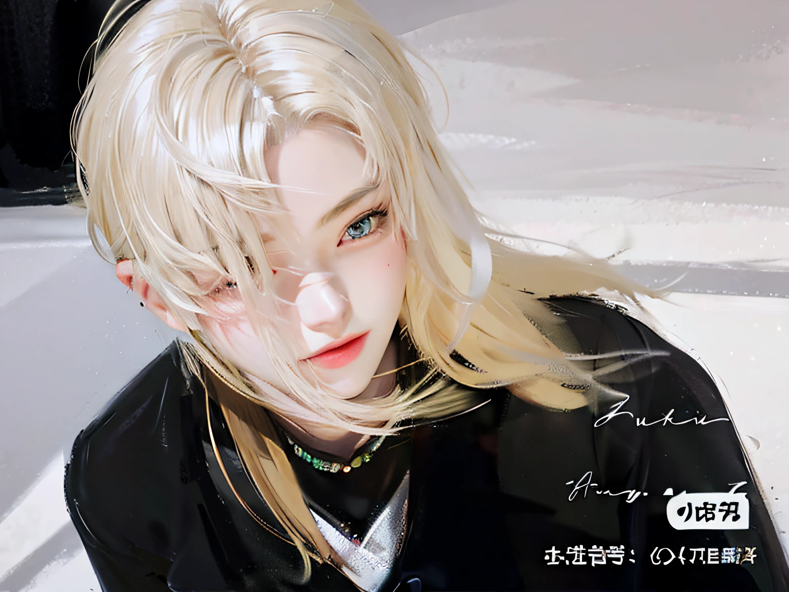 Draw a woman with blonde hair and a black jacket, Guviz-style artwork, by Yang J, Guviz, author:Luo Ping, author:Huang Ji, By Li Song, by Ye Xin, author:Zou Zhe, author:Golden Farmer, By Zeng Jing, Inspired by Xiao Yuncong, expressive digital painting
