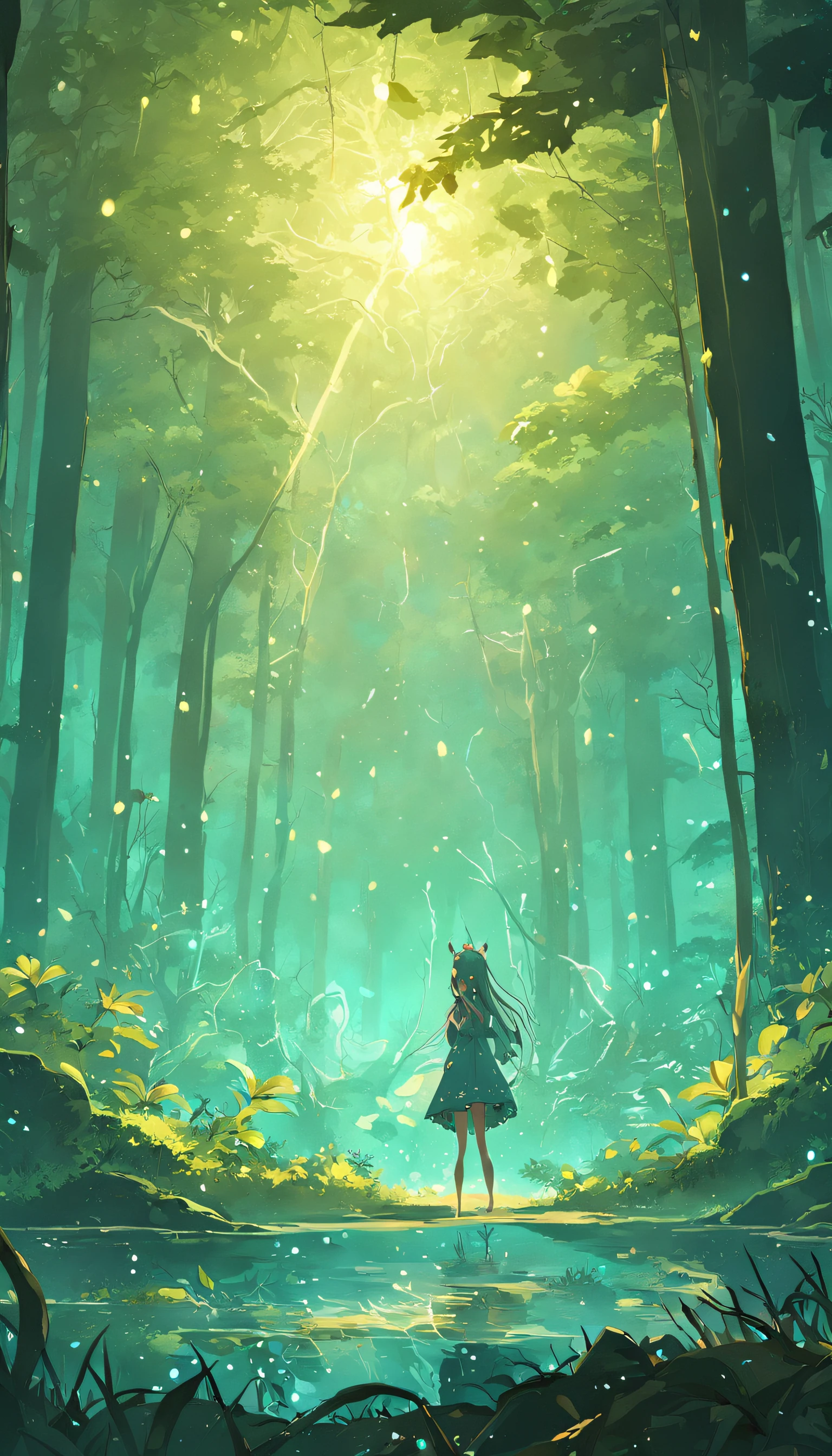 A woman standing in the middle of a forest with a light shining - SeaArt AI