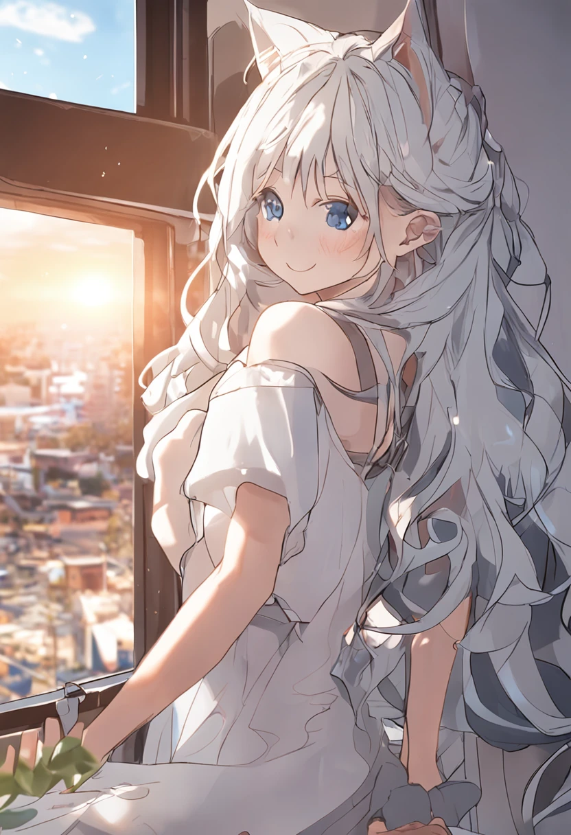 Sunlight floods into the bedroom，Anime 2D girl with long white hair by window，Pure and cute cat-eared girl，huge tit，White hair and blue eyes，Dark blue head rope，Eyes drawn，Extremely cute，Silvery-white gradient long hair，asymmetricalbangs，The expression is lively and mischievous，hyper HD，enthusiastic，tmasterpiece，laughing joyfully，bright sun，high qulity，style of anime，Warm background，Blue and white dress，There is a faint flush on the cheeks，Kitten headdress，Blue and white bow tie，Warm background color，Light yellow background，Bedroom bed，The movements are natural，Warm background color，Light yellow background，Expressive hair，Picture above the thigh，