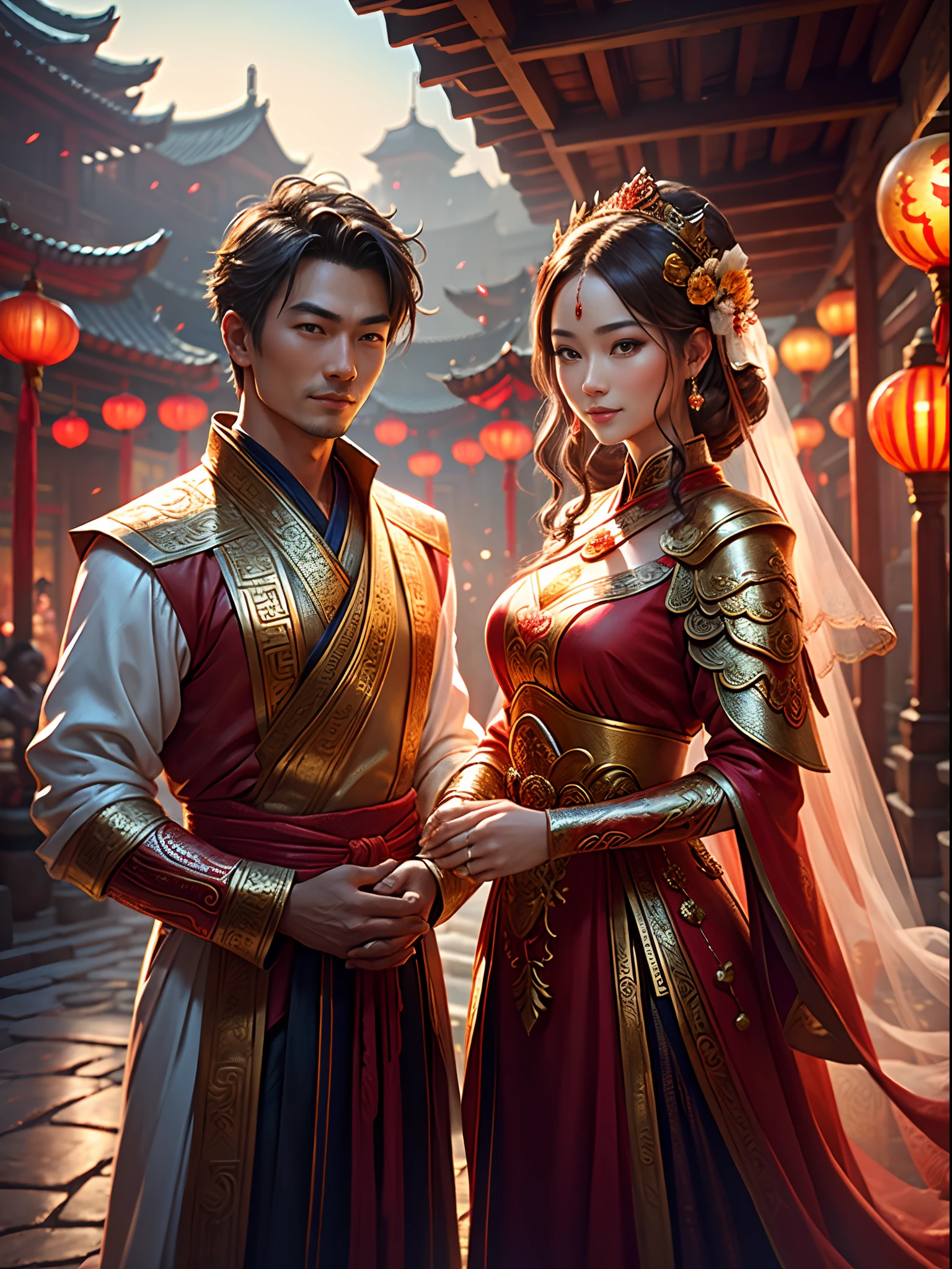 (Best quality: 1.1), (Realistic: 1.1), (Wedding: 1.1), (highly details: 1.1), 1 man and 1 woman are married,Stand in front of a Chinese-style building, closeup of face,Clear facial features,Happy smile, Look at each other affectionately,Hold hands with each other,A man dresses in ancient costumes in red and gold,A woman wears a red-gold ancient long dress,with a crown on her head, cowboy lens,Chinese courtyard in the background,Red lanterns,Super clear,8K