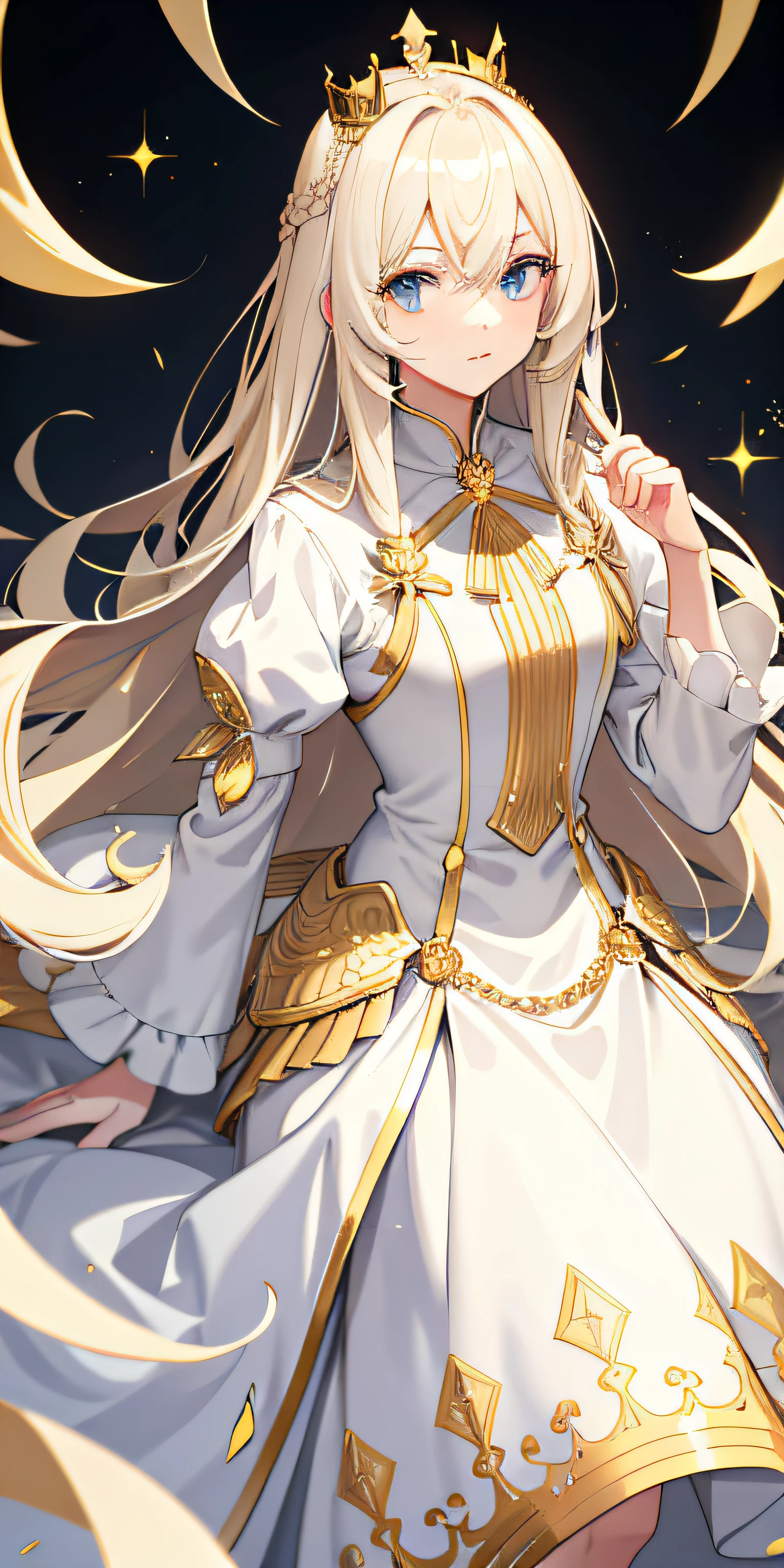 blond hairbl,long whitr hair,a queen,white dresses,Gold pattern,Heterochromic pupils,Silver Crown
