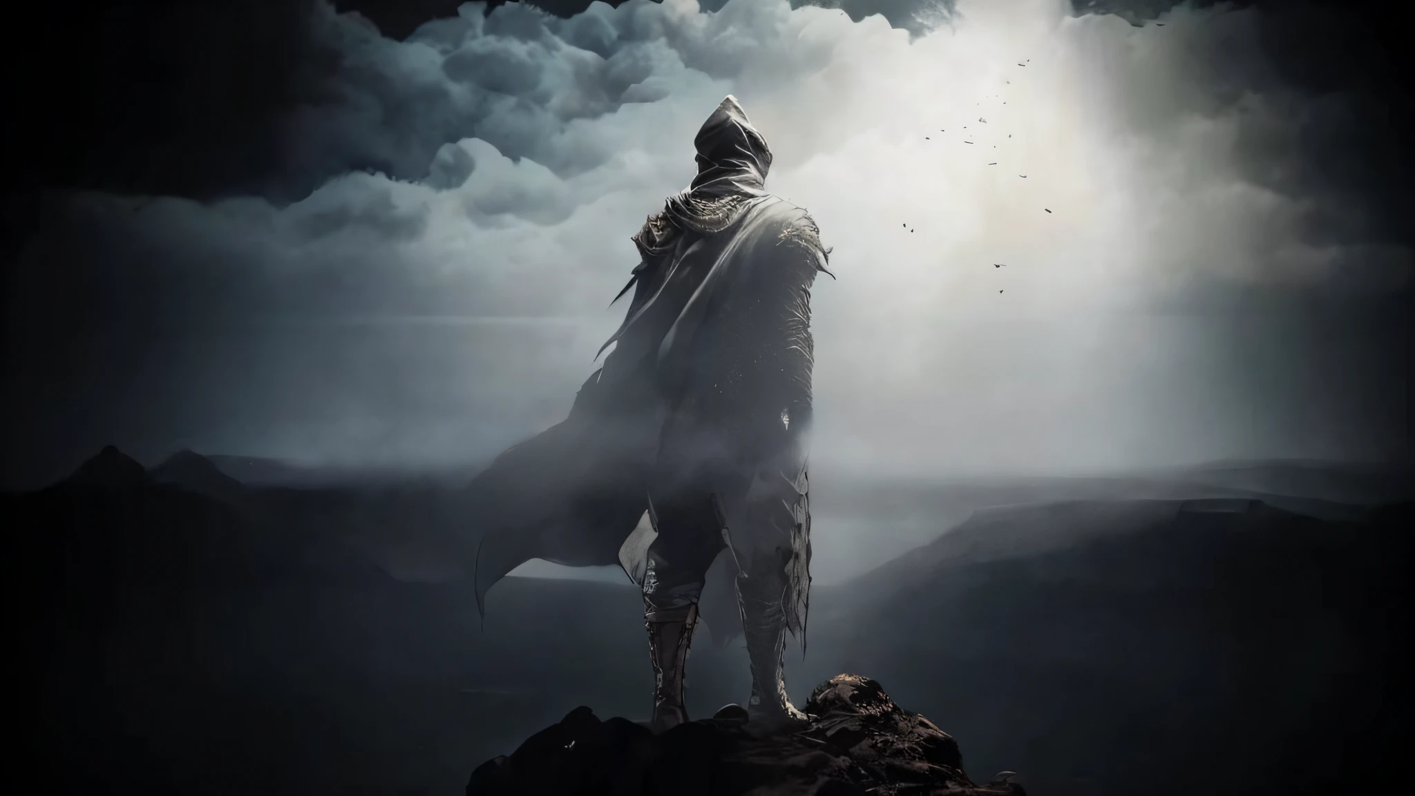 A man in a cloak stands on a rock,A bird flies overhead, dark soul concept, dark souls inspired, dark souls concept art, fromsoftware, dramatic concept art, dark souls concept art, wanderer above the sea of fog, darksouls concept art, dark souls art, elden ring concept art, 《dark souls iii》, Cinematography concept art