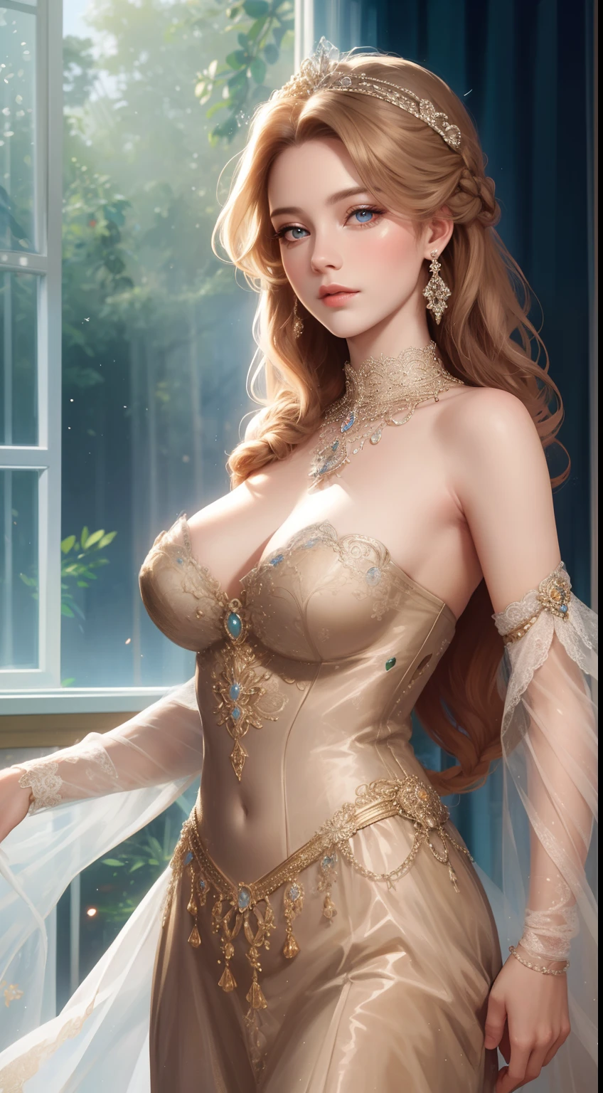 tmasterpiece,Highest high resolution,Dynamic bust of beautiful royal lady,Delicate braided hair,Coiled hair,Shining clear eyes,The hair is covered with beautiful and delicate floral craftsmanship, Crystal or diamond jewelry filigree,Ultra-detailed details,upscaled。