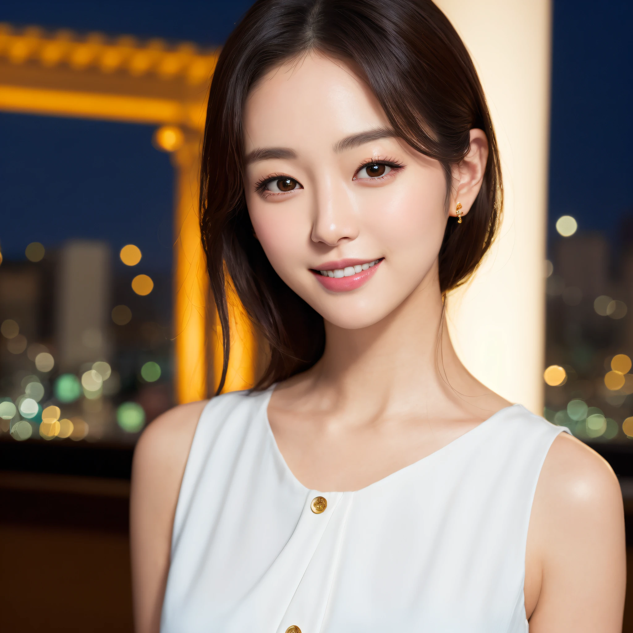One lady、((best qualtiy、8k masterpieces:1.3))、foco nítido:1.2、(ultra beautiful faces:1.0)、(shinny skin:1.0)、photos realistic、A dark-haired、Video Lighting、High-definition eyes and face、Video Lighting、(Korean Cute Actress)、from the front side、medium breasts、(ssmile:1.2)、Sleeveless、Slender Abs Beauty、Whole body、Wearing a white blouse、in tokyo at night