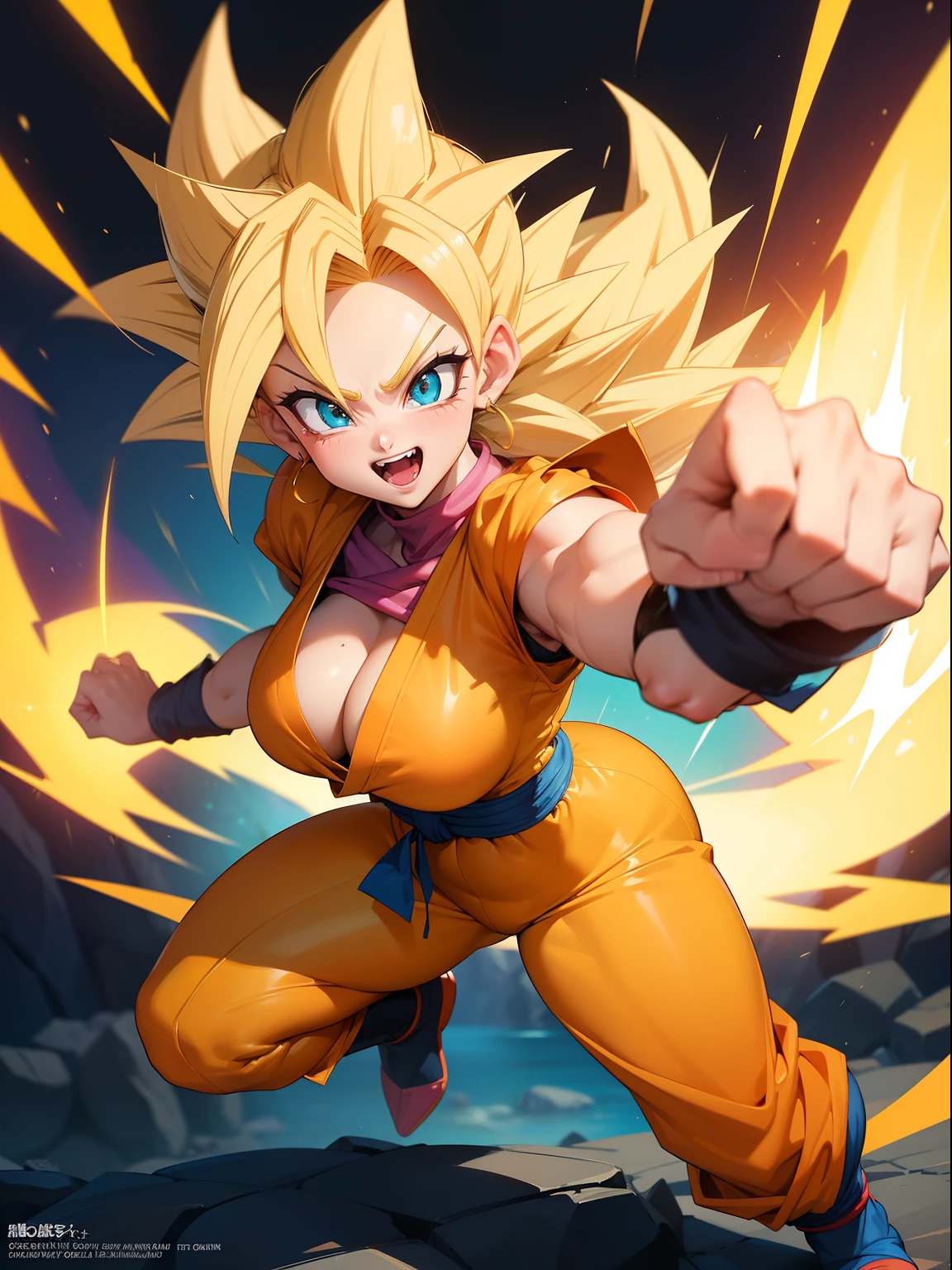 {((Full body photo, flat feet, straight body, Dragon Ball anime style))}, {((Laura/female, large breasts, extremely beautiful))}, {((she's wearing the ultra super saiyan+Super Saiyan instinct wearing Son Goku's costumes+extremely tight on her body))}. {In a futurist}. {She's in her clothes and body extremely sweaty}; {(She's looking at the viewer, smiling, fists clenched, concentrating magical aura on her hands, in a frontal attack pose)}. Dragon Ball anime, high detail, anime, 16k, UHD, retina, retina, ccurate, anatomically correct, textured skin, super detail, high quality, award-winning