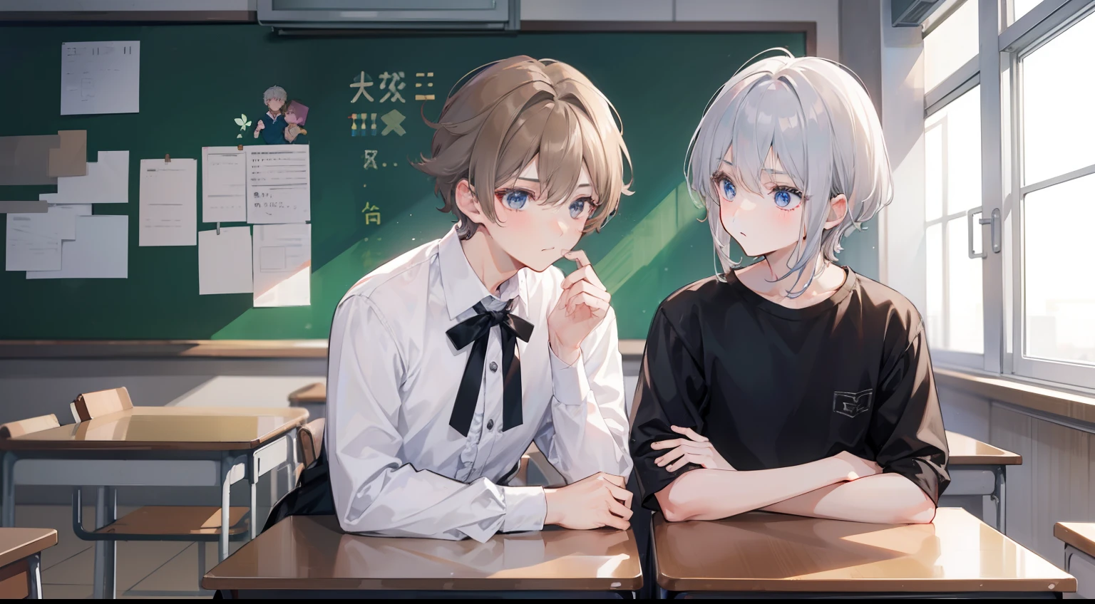 Two , Silver-haired boy and brown-haired boy, Empty classroom、Boys Love、Talking、hight resolution、ultra-detailliert