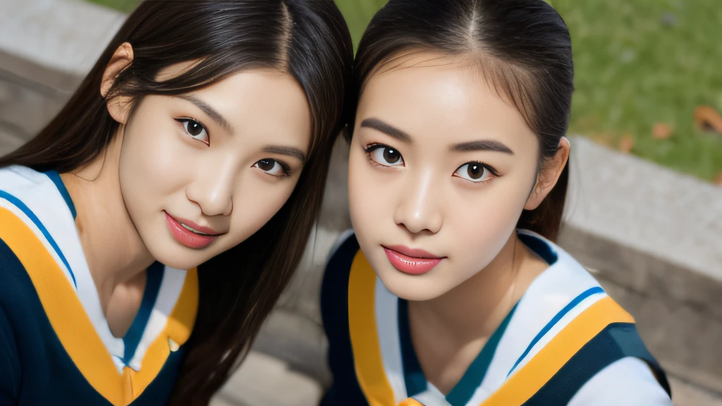 Black ball hair、White Skin Skin、chineseidol、年轻、Thick eyebrows、Black eyes、biting lip、Full of arrogance、Cheer Uniforms、Custom JF clothing、（1 female student）、By the school pond、Sit on a book、Slim eyebrows、Brown hairpins、hentail realism、8K、tmasterpiece、A high resolution、、anatomically correcte、、from above view、32K quality