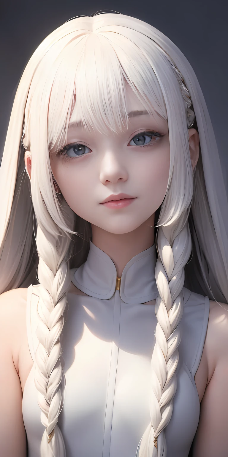 best quality, masterpiece,white hair, gold eyes,white clothes, looking up, upper body,hair strand,Fair skin,side braids