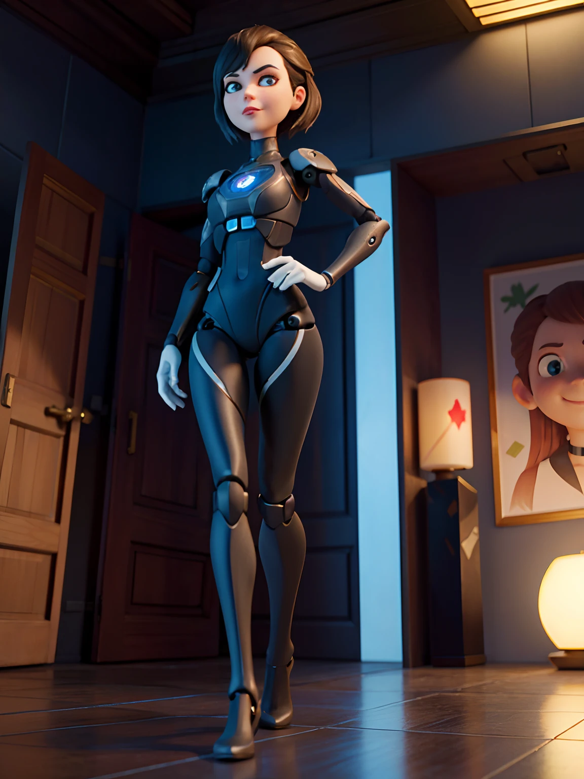 Complex 3d rendering very detailed beautiful ceramic silhouette female robot face, black rough lycra leotard, glowing blue band, cyborg, robot parts, robotic arm, robotic legs, looking viewer, 150mm, soft light, edge light, vibrant detail, luxurious cyberpunk, lace, surrealism, anatomy, facial muscles, tight, cable wire, microchip, elegant, beautiful background, octane rendering, HR Giger style, 8k, best quality, masterpiece, illustration , extremely refined and beautiful, extremely detailed, CG, unified, wallpaper, (realistic, realistic: 1.37), amazing, fine details, masterpiece, best quality, official art, very detailed CG unified 8k wallpaper, full body, grinning, standing, sexy pose, small tits, futuristic city, architecture, outdoors