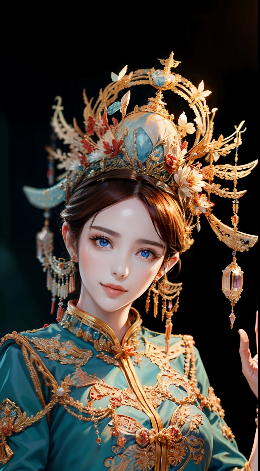 tmasterpiece，Highest high resolution，((magic orb))，Dynamic bust of beautiful aristocratic maiden，Brown chestnut hair elegantly coiled，（(Wearing a huge blue hat))，Purple clear eyes，The hair is covered with beautiful and delicate floral craftsmanship, Crystal jewelry filigree，Ultra-detailed details，upscaled。