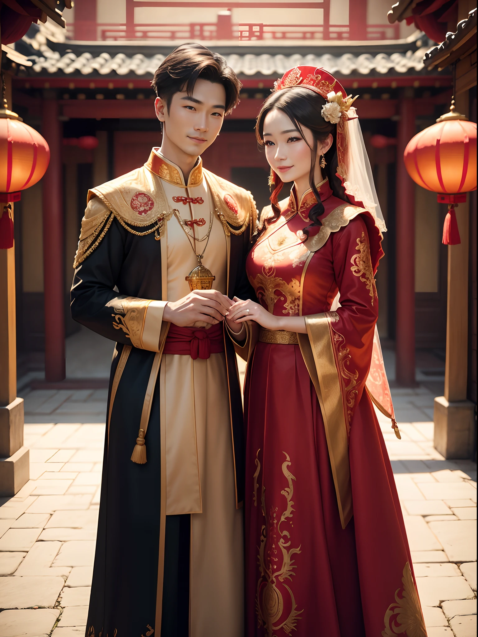 (Best quality: 1.1), (Realistic: 1.1), (Wedding: 1.1), (highly details: 1.1), 1 man and 1 woman are married,Stand in front of a Chinese-style building, closeup of face,Clear facial features,Happy smile, Look at each other affectionately,Hold hands with each other,A man dresses in ancient costumes in red and gold,A woman wears a red-gold ancient long dress,with a crown on her head, cowboy lens,Chinese courtyard in the background,Red lanterns,Super clear,8K