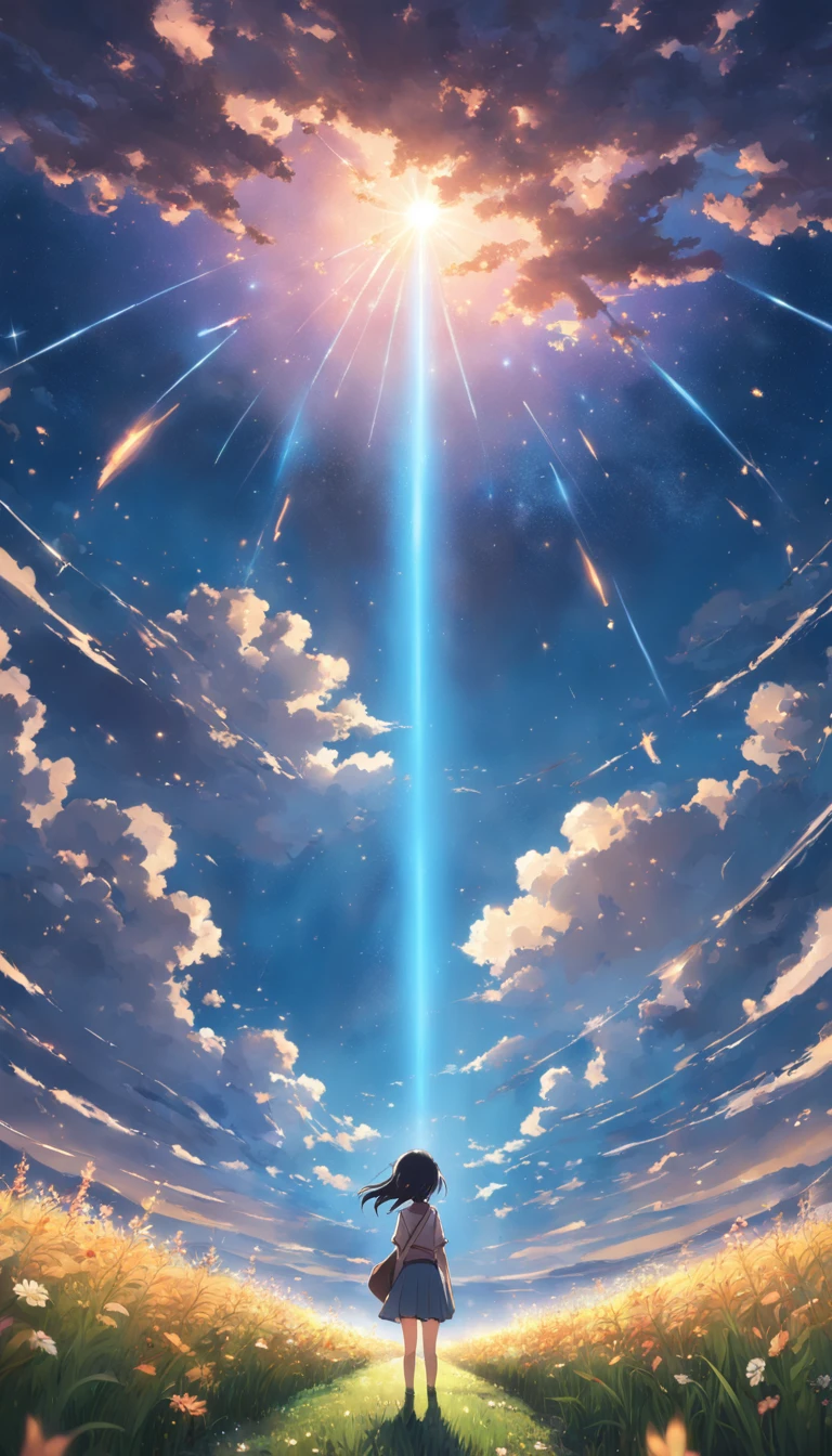 Makoto Shinkai, Expansive landscape photograph , (View from below,Displays the sky above and the clearing below), a girl standing on flower field looking up, ( meteors:0.9), (Starcloud:1.3), Far Mountain, Tree BREAK Production Art, (Warm light source:1.2), (Firefly:1.2), lamp lights,