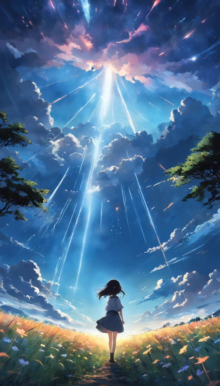 Makoto Shinkai, Expansive landscape photograph , (View from below,Displays the sky above and the clearing below), a girl standing on flower field looking up, ( meteors:0.9), (Starcloud:1.3), Far Mountain, Tree BREAK Production Art, (Warm light source:1.2), (Firefly:1.2), lamp lights,