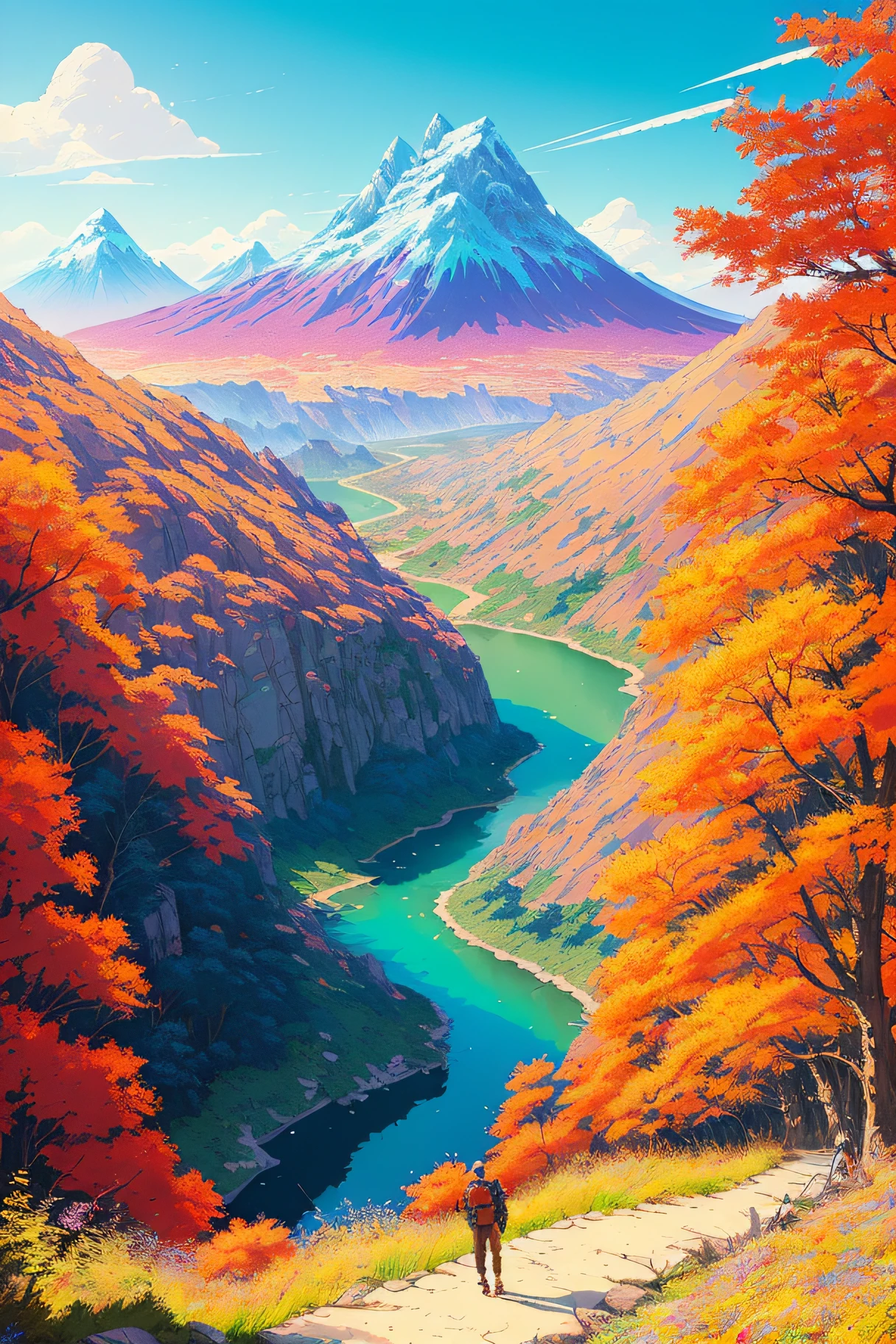 Realistic, real life, beautiful hiking trail with background by greg rutkowski, style of laurie greasley, studio ghibli, akira toriyama, james gilleard, genshin impact, trending pixiv fanbox, acrylic palette knife, 4k, (vibrant colors), (highly saturated), devinart, trending on artstation