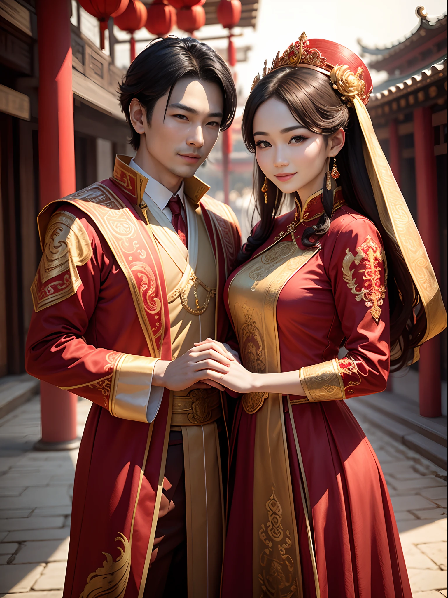 (Best quality: 1.1), (Realistic: 1.1), (Wedding: 1.1), (highly details: 1.1), 1 man and 1 woman are married,Stand in front of a Chinese-style building, closeup of face,Clear facial features,Happy smile, Look at each other affectionately,Hold hands with each other,A man dresses in ancient costumes in red and gold,A woman wears a red-gold ancient long dress,with a crown on her head, cowboy lens,Chinese courtyard in the background,Red lanterns,Super clear,8K