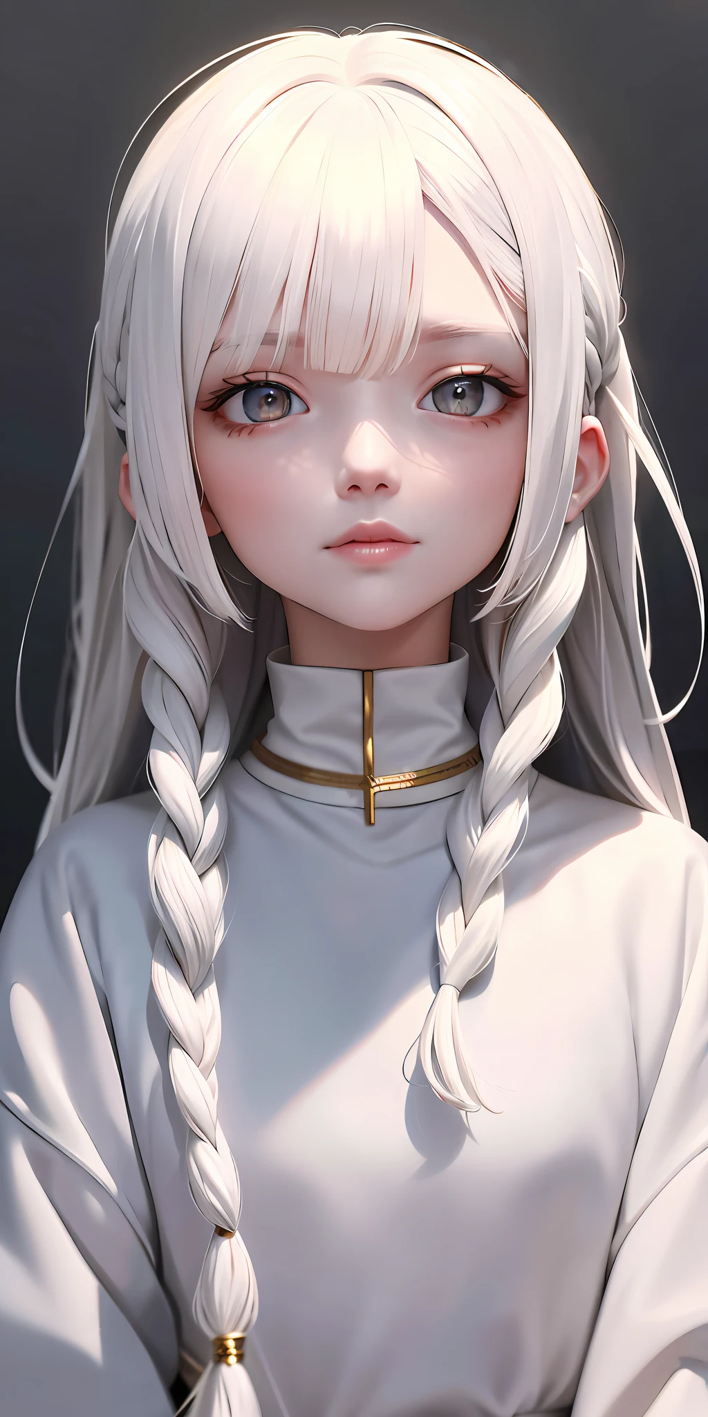 best quality, masterpiece,white hair, gold eyes,white clothes, looking up, upper body,hair strand,Fair skin,side braids