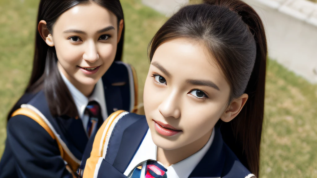 Black ball hair、White Skin Skin、chineseidol、年轻、Thick eyebrows、Black eyes、biting lip、Full of arrogance、Cheerleading silver shiny uniforms、Custom JF clothing、（1 female student）、By the school pond、Sit on a book、Slim eyebrows、Brown hairpins、hentail realism、8K、tmasterpiece、A high resolution、、anatomically correcte、、from above view、32K quality