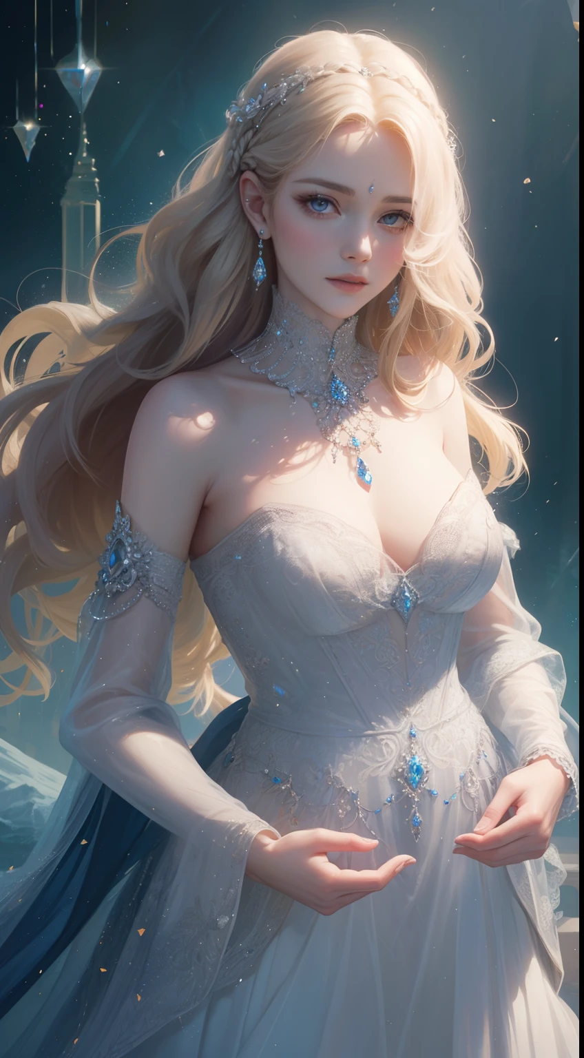 tmasterpiece,Highest high resolution,Dynamic bust of beautiful royal lady,Delicate braided hair,Coiled hair,Shining clear eyes,The hair is covered with beautiful and delicate floral craftsmanship, Crystal or diamond jewelry filigree,Ultra-detailed details,upscaled。