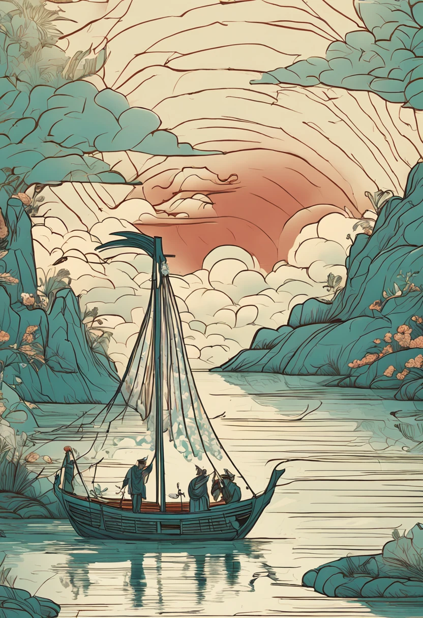 An ancient Chinese poem”Fishing Boat Sings at Dusk” is a poetic masterpieceWiththe rhythm of the water as its quideIt sails into the night,side by side.The use of light greensoft blue, tinted in Chinese redand muted earth tones creates a harmonious balanceDepicted in The Song Dynastystyle(960-1279)