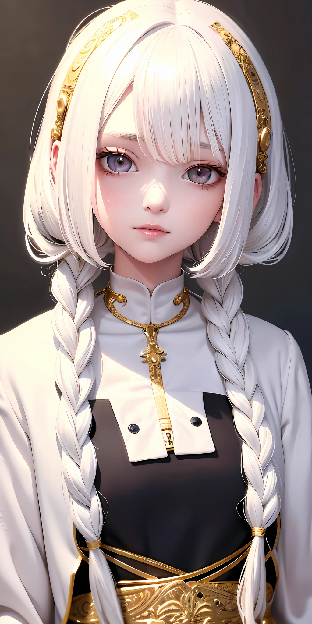 best quality, masterpiece,white hair, gold eyes,white clothes, looking up, upper body,hair strand,Fair skin,side braids