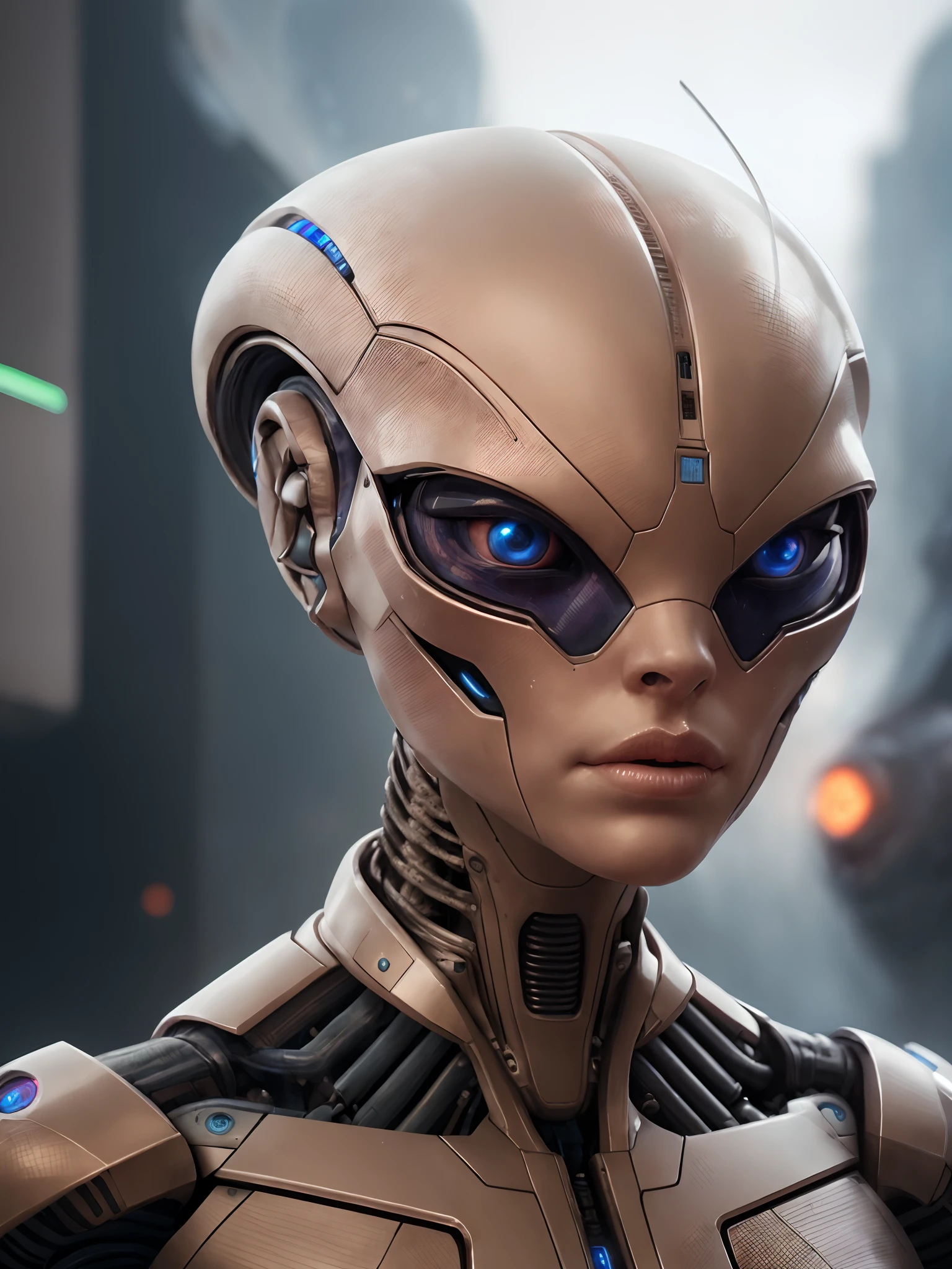 there is a woman in a futuristic suit with blue eyes, sci-fi android female, portrait of female humanoid, portrait of a humanoid alien, attractive sci - fi face, portrait beautiful sci - fi girl, ultra detailed female android, portrait of a sci - fi woman, female alien, portrait of a female android, 3 d render character art 8 k