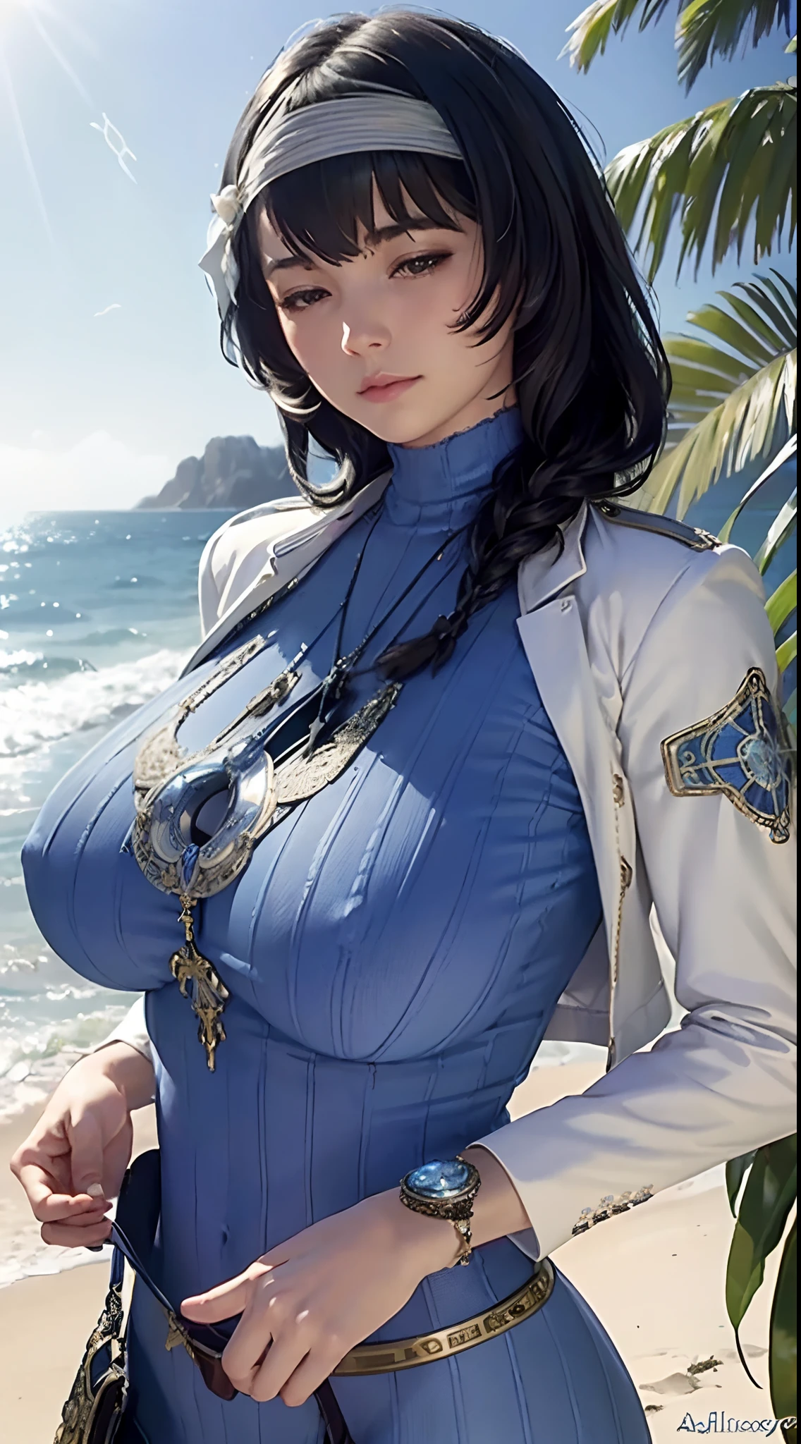 (((beautiful))),mary,blue sweater, white jacket, cropped jacket, long sleeves, open clothes, ribbed sweater, armband, huge breasts,(((shiny skin))), ((intricate details)), hdr, ((intricate details, hyperdetailed)), cinematic shot, beach, summer, vignette, ((art by alphonso mucha))