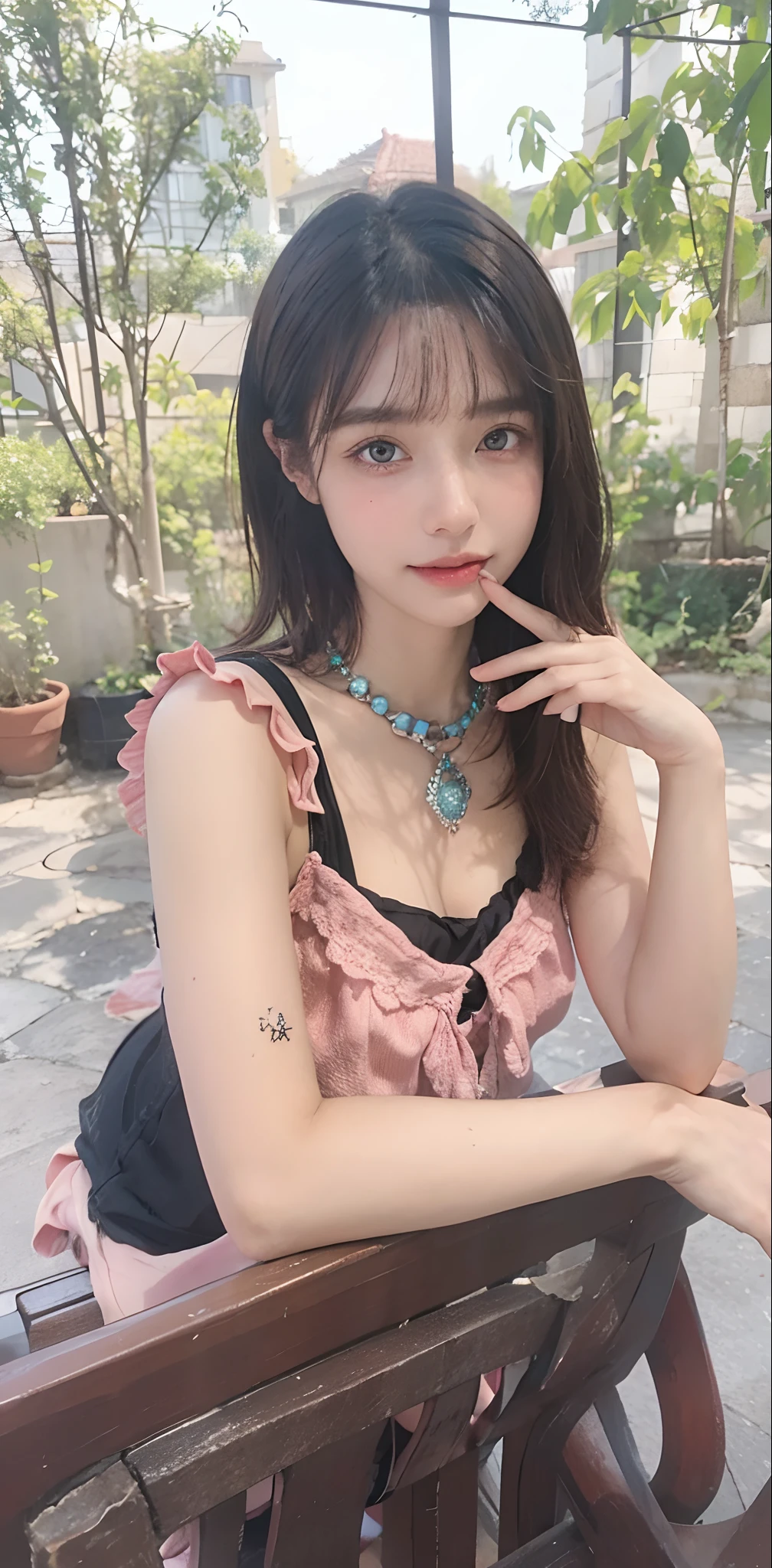 Top quality, Masterpiece, 超高分辨率, (Realistic, : 1.4), Original photo, (True skin texture: 1.3), (filmgrain: 1.3), in a panoramic view, Portrait, Very wide lens, Narrow waist, cowboy lens, (bangs, Inconspicuous, Cold light,) Night, Close-up, Tears, Short hair, neck long, ears sticking out, bangs, Big eyes, Brightly Colored Eyes, In the house, Dust, Tindall effect, (Facial expression), Sitting, (hitting a wall), Crying, Frowning, (Looking down), Nervousness, Tears, smiling happily
one girl, eyes and face with beautiful details, White jabot, pink dark V, Brown eyes,