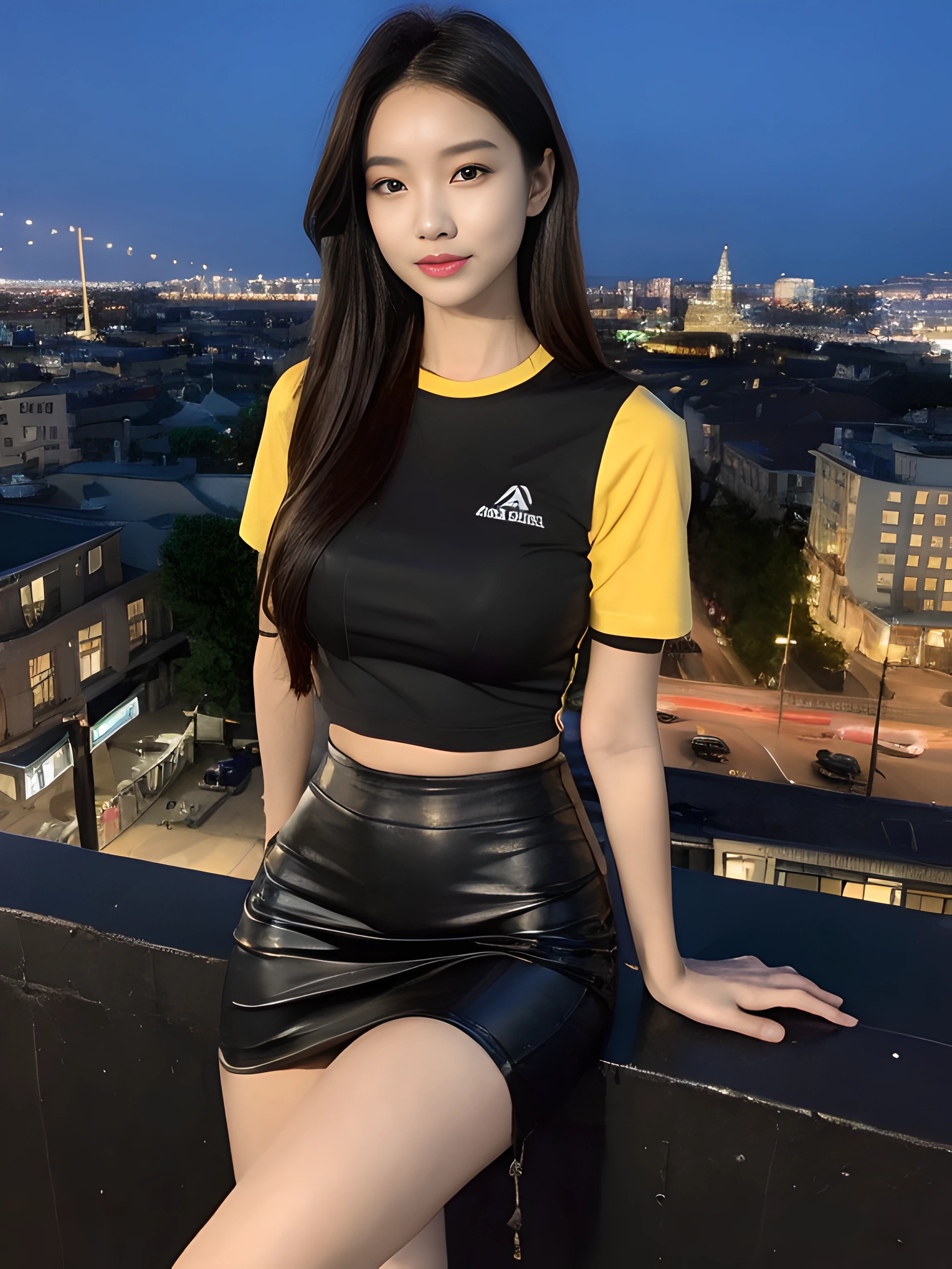 ((midynight, Acura, 8K, tmasterpiece: 1.3)), full bodyesbian, long leges, Focalors: 1.2, perfect figure beautiful woman: 1.4, Slim abs: 1.1, (dark brown hair,: 1.2 )), (Goose yellow skinny T-shirt, short skirt,sitting on a stool: 1.2), (city night scene, the roof: 1.3)), Highly Detailed Face and Skin Textur, detailedeyes, 二重まぶた,