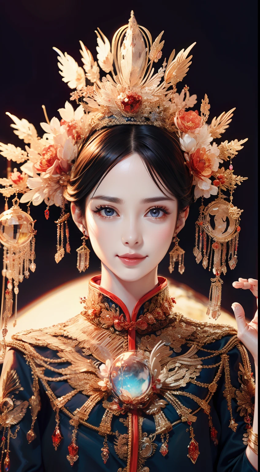 tmasterpiece，Highest high resolution，((magic orb))，Dynamic bust of beautiful aristocratic maiden，Black hair is elegantly coiled，（(Wears a huge red crown))，veils，Purple clear eyes，The hair is covered with beautiful and delicate floral craftsmanship, Crystal jewelry filigree，Ultra-detailed details，upscaled。