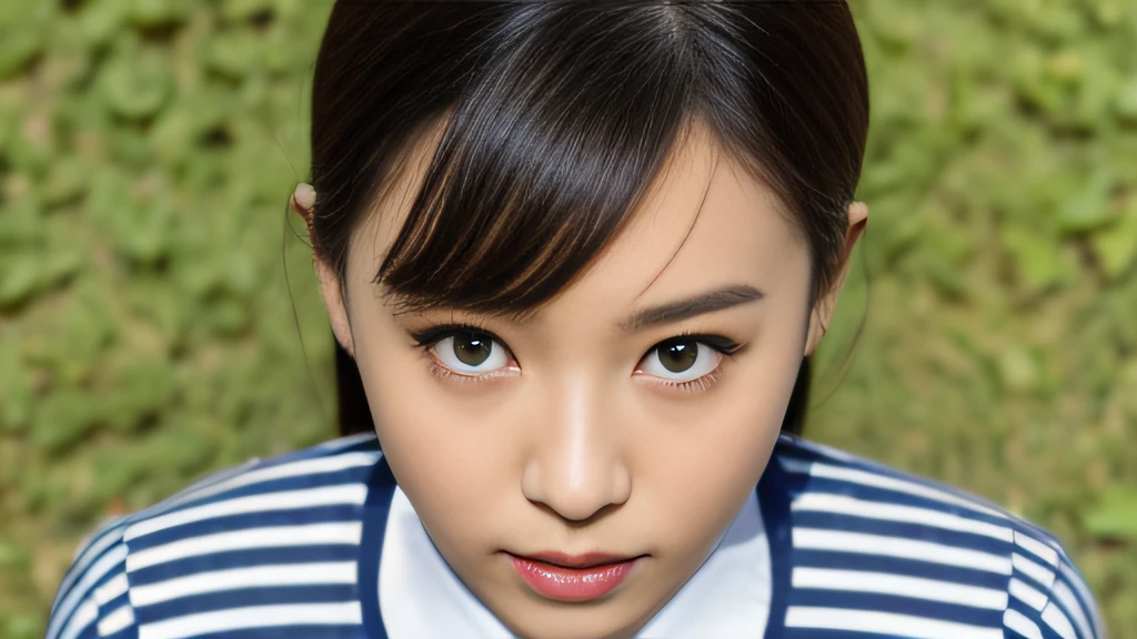 Black ball hair、White Skin Skin、chineseidol、年轻、Thick eyebrows、Black eyes、biting lip、Full of arrogance、Cheer Uniforms、Custom JF clothing、（1 female student）、By the school pond、Sit on a book、Slim eyebrows、Brown hairpins、hentail realism、8K、tmasterpiece、A high resolution、、anatomically correcte、、from above view、32K quality
