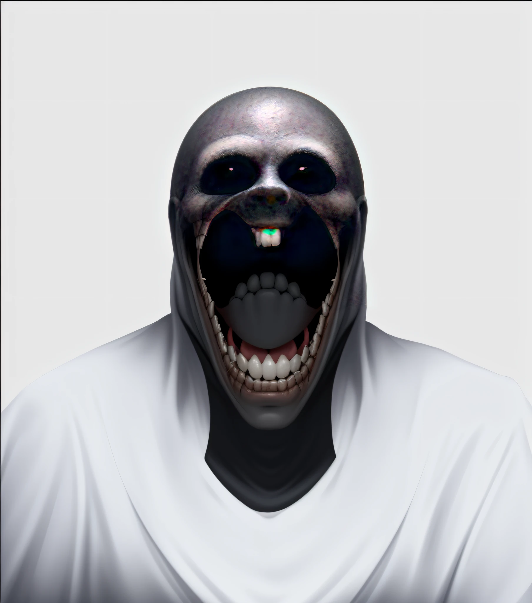 a close up of a person with a creepy face and a tooth, creepy smile, unsettling grin, humanoid with crooked teeth, creepy evil smile, unsettling image, realistically rendered face, scp-049, creepy and unsettling, scary smile, shaded face, scp-106, photo of scp-173, creepy uncanny valley