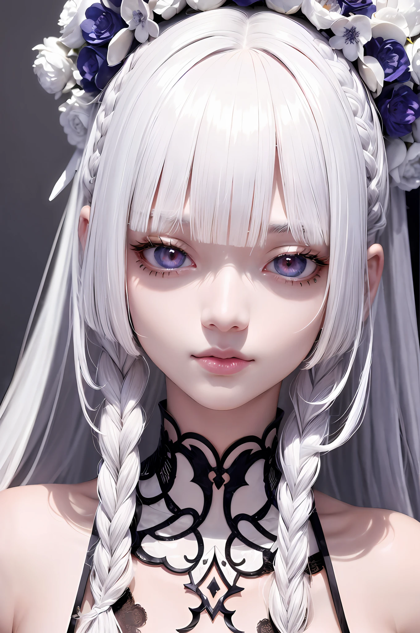 top-quality、masterpiece、8K、femele、white hair、Akame、white clothes、look up to、cowboy shot、Hair strands、light skinned、smil、Side braid、Detailed hair strands、A detailed eye、A detailed face、Detailed mouth、Detailed hand、Detailed finger、(Accurate human skeleton)、Slim body、