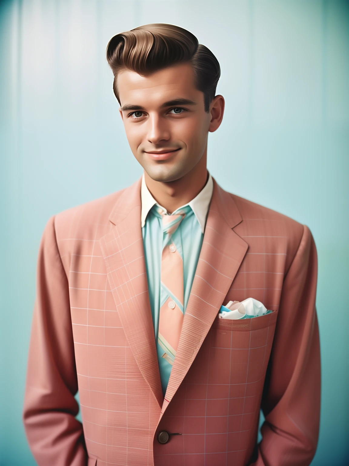 Portrait of a man, Wearing a pastel suit, The photo was taken with an analog camera in the 1950s,Person wearing traditional 50s style clothes々, smil,Who has a traditional 50s haircut々, Photo by William Eggleston, Appearance of the 50s, Highly detailed, slightly faded pastel colors, Slightly blurred, Slightly grainy, film photography