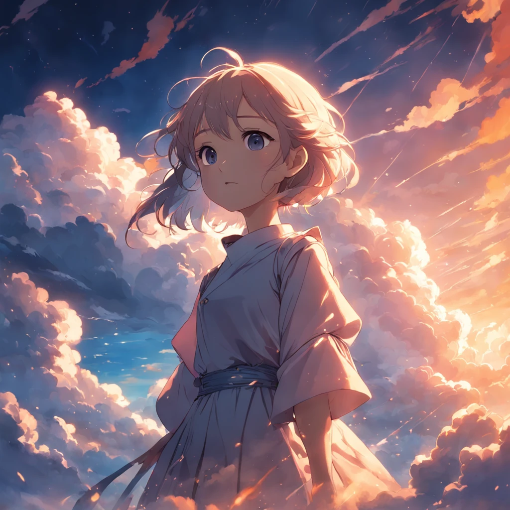 masterpiece, best quality, movie still, 1girl, cloud girl, floating in the sky, close-up, bright, happy, warm soft lighting, sunset, (sparks:0.7)
