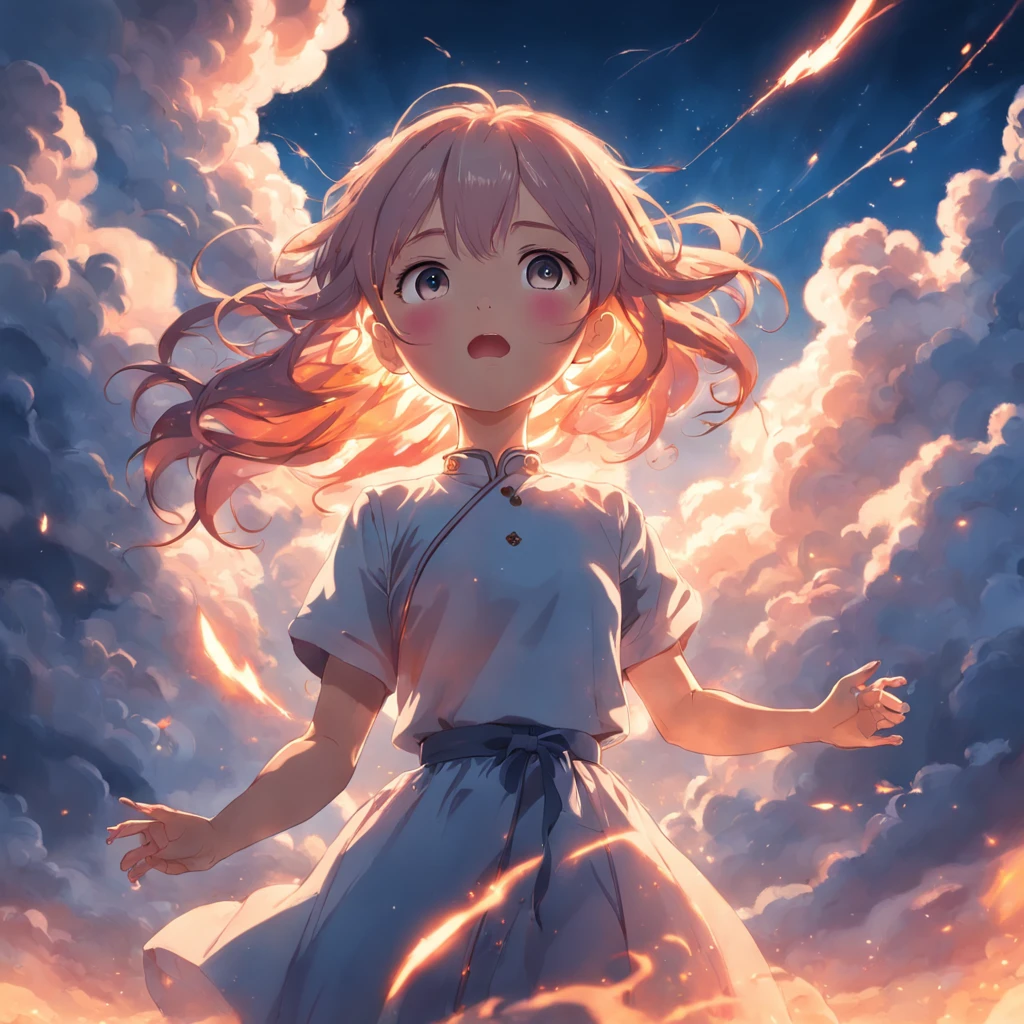 masterpiece, best quality, movie still, 1girl, cloud girl, floating in the sky, close-up, bright, happy, warm soft lighting, sunset, (sparks:0.7)