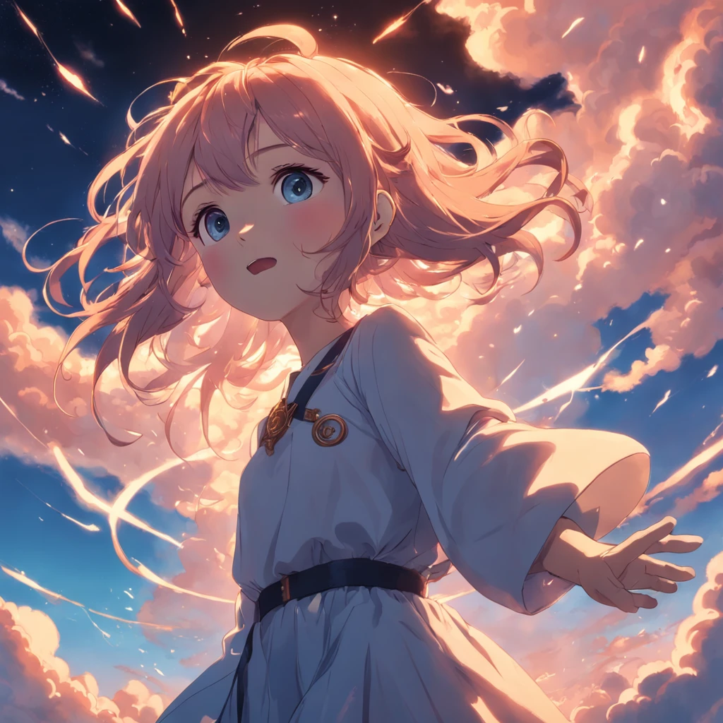 masterpiece, best quality, movie still, 1girl, cloud girl, floating in the sky, close-up, bright, happy, warm soft lighting, sunset, (sparks:0.7)
