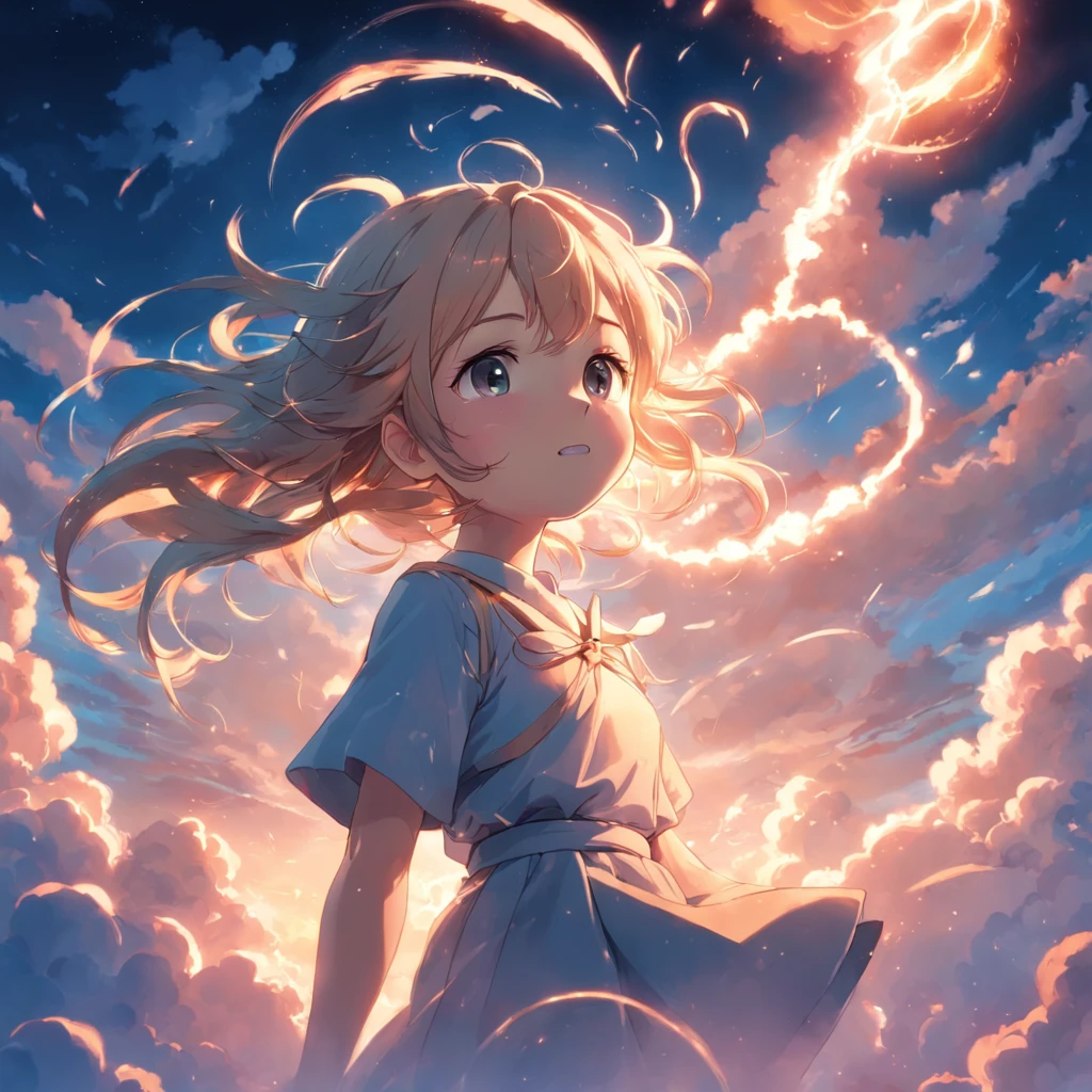 masterpiece, best quality, movie still, 1girl, cloud girl, floating in the sky, close-up, bright, happy, warm soft lighting, sunset, (sparks:0.7)