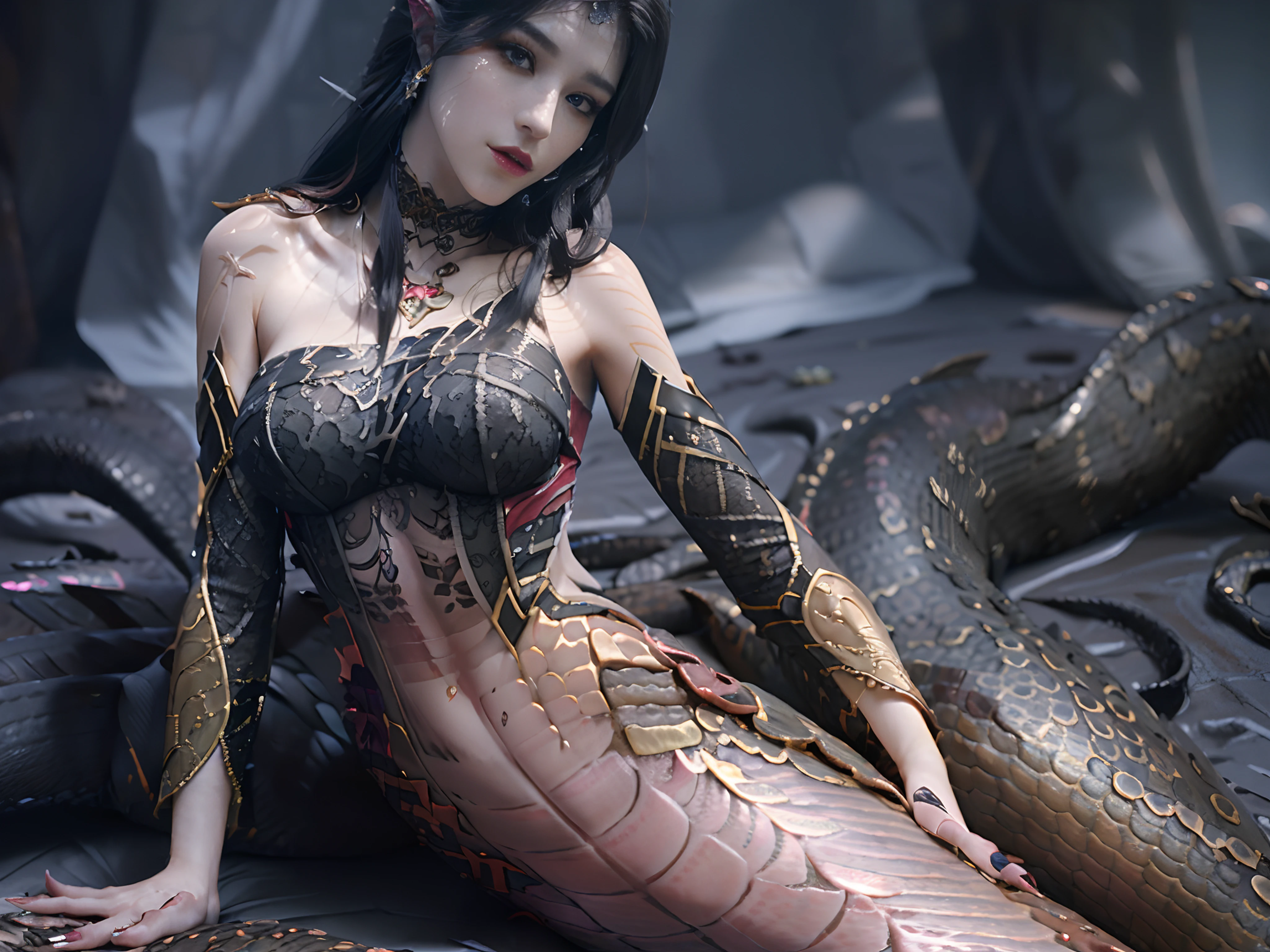((Best picture quality, 8K, tmasterpiece:1.3)), 1 Queen Medusa，（Break through the sky）, Beautiful woman with slender abs:1.3, cabelos preto e longos，( No leakage of big breasts:1.2), snake scales:1.1, （mermaids：1.2），（Elongated snake tail：1.3），Ultra-realistic purple scales，Ultra-fine face, A detailed eye, 二重まぶた，The skin is smooth and delicate，Reflective skin，Duan，Beds，Sit Pose，Faraway view