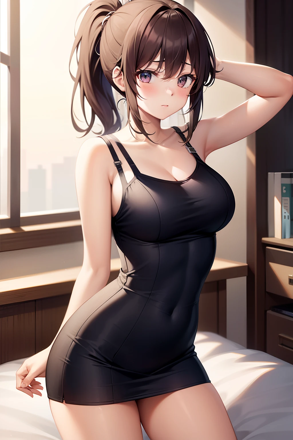 Athletic girl, ponytail, Lingerie, short t-shirt, Knotted hem, tight dress