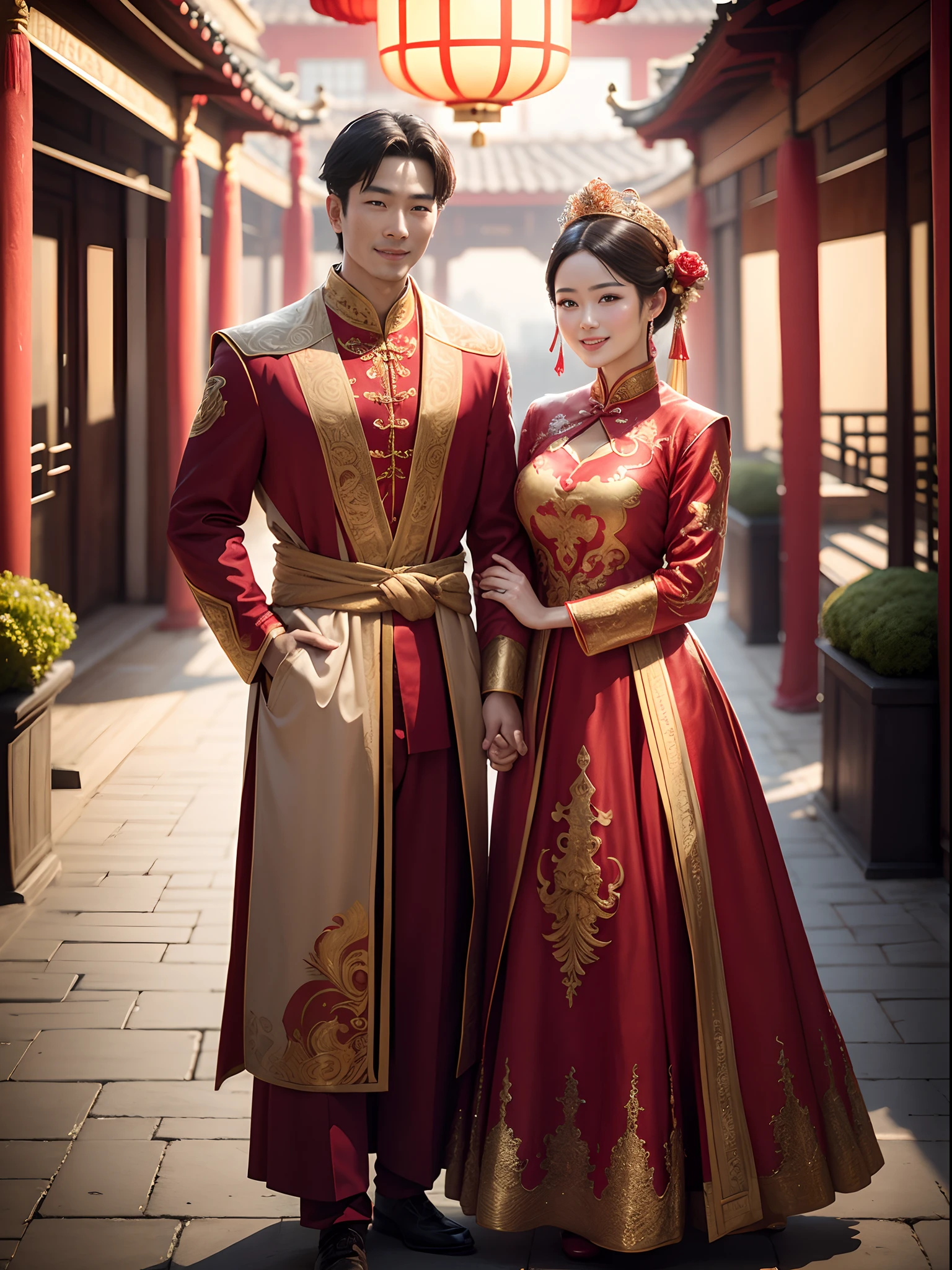 （Best quality: 1.1), (Realistic: 1.1), (Wedding: 1.1), (highly details: 1.1), 1 man and 1 woman are married，Stand in front of a Chinese-style building, closeup of face，Clear facial features，Happy smile, Look at each other affectionately，Hold hands with each other，A man dresses in ancient costumes in red and gold，A woman wears a red-gold ancient long dress，with a crown on her head, cowboy lens，Chinese courtyard in the background，Red lanterns，Super clear，8K