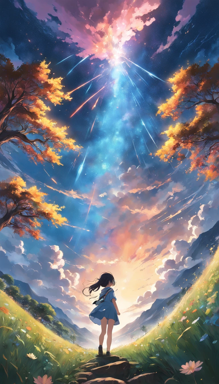 Makoto Shinkai, Expansive landscape photograph , (View from below，Displays the sky above and the clearing below), a girl standing on flower field looking up,  ( meteors:0.9), (Starcloud:1.3), Far Mountain, Tree BREAK Production Art, (Warm light source:1.2), (Firefly:1.2), stars sky