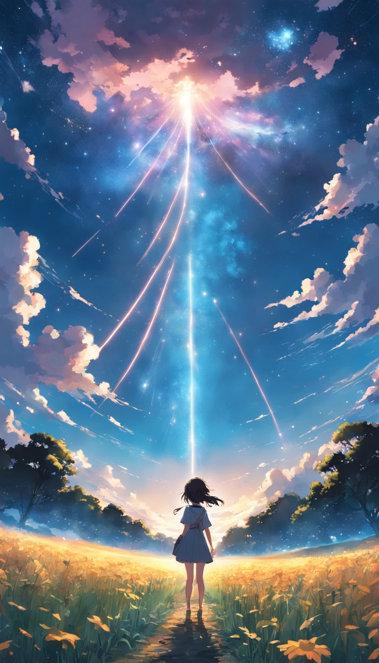 Makoto Shinkai, Expansive landscape photograph , (View from below,Displays the sky above and the clearing below), a girl standing on flower field looking up, ( meteors:0.9), (Starcloud:1.3), Far Mountain, Tree BREAK Production Art, (Warm light source:1.2), (Firefly:1.2), stars sky