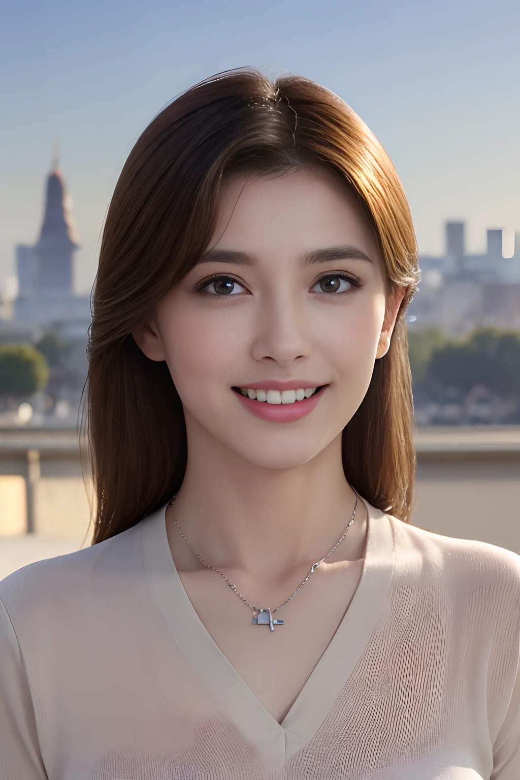 ((Downtown Paris、Realistic light、top-quality、8K、​masterpiece:1.3))、1girl in、A slight smil、Slim Beauty:1.4、dark brown  hair、Grey Polo Shirt、Red bean-colored long skirt、Thin Silver Necklace、A detailed eye、zoomout、Beautiful Jewish woman、show teeth、