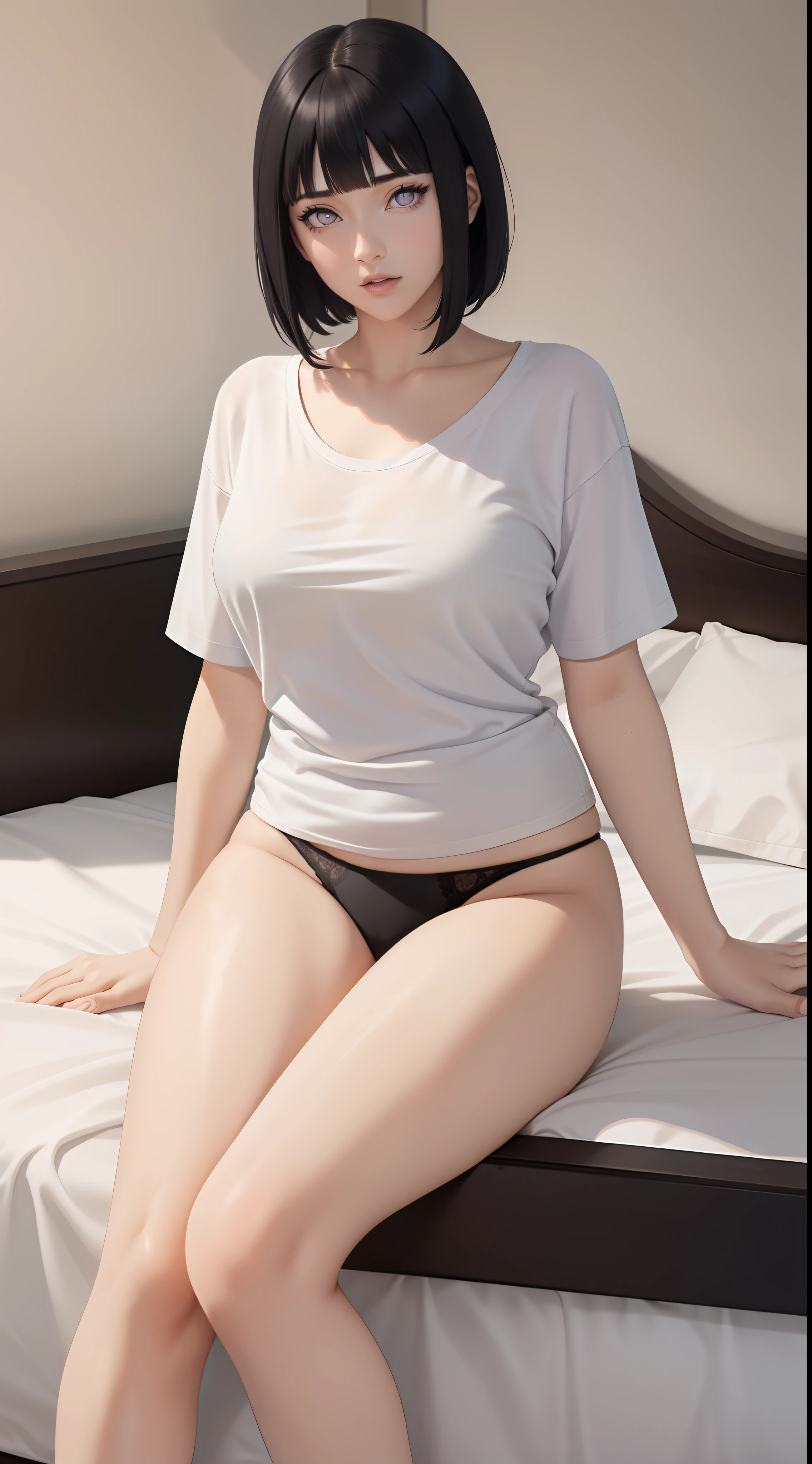 hinata from anime naruto, black hair, short hair, bangs, light purple eyes, wearing mascara, perfect body, perfect breasts, beautiful woman, very beautiful, wearing an oversized white t-shirt, wearing black panties, on the bed, sitting on bed, in the bedroom, luxury mattress, Realism, masterpiece, textured leather, super detail, high detail, high quality, best quality, 1080p, HD, 16k