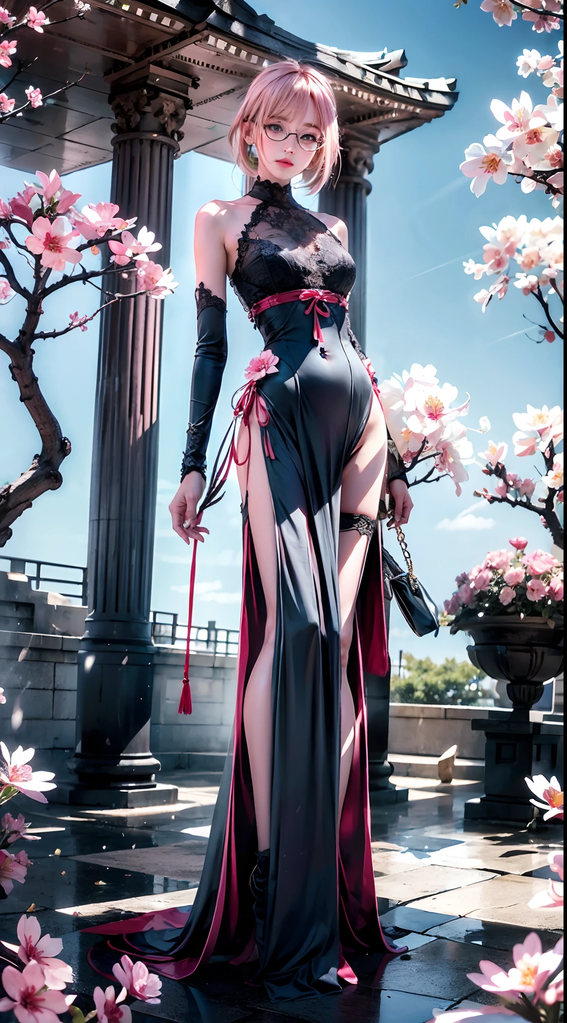 （Long blonde hair+Small pink flowers:1.3+Big red and blue eyes+Heterochromia+gold-wire glasses:1.2+Intellectual beauty:1.1)，under a sakura tree，Sideslit，lace legwear