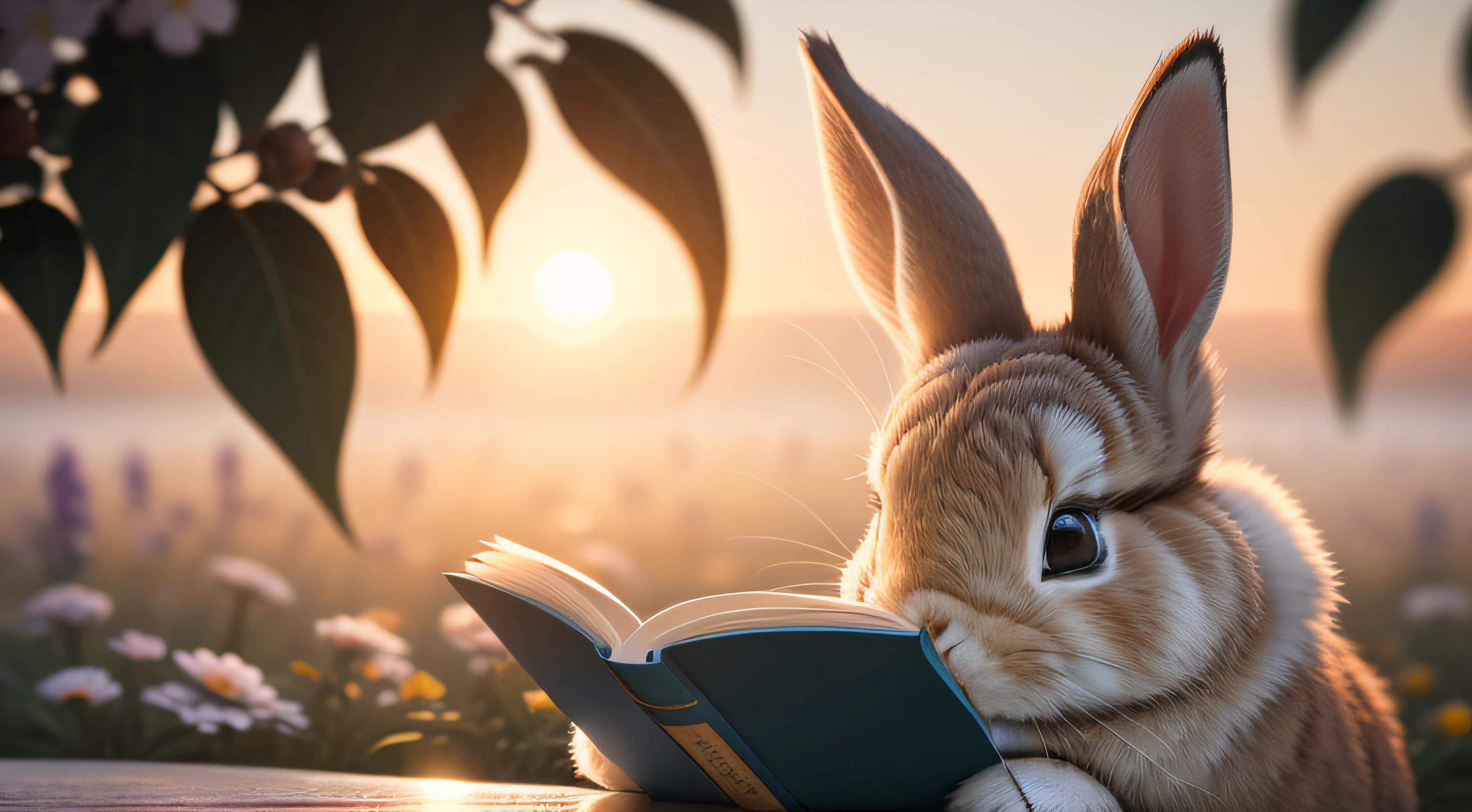 Close-up photo of rabbit reading and learning，macro，clean backdrop，depth of fields，largeaperture，photography of，volume fog，Halo，blooms，Dramatic atmosphere，Sunny morning